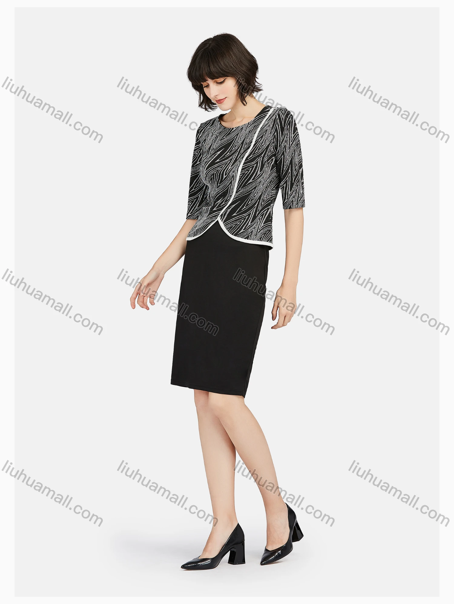 Wholesale Women's Business Half Sleeve Jacquard Pattern Embroidered Blouse & Skirt Set - Liuhuamall