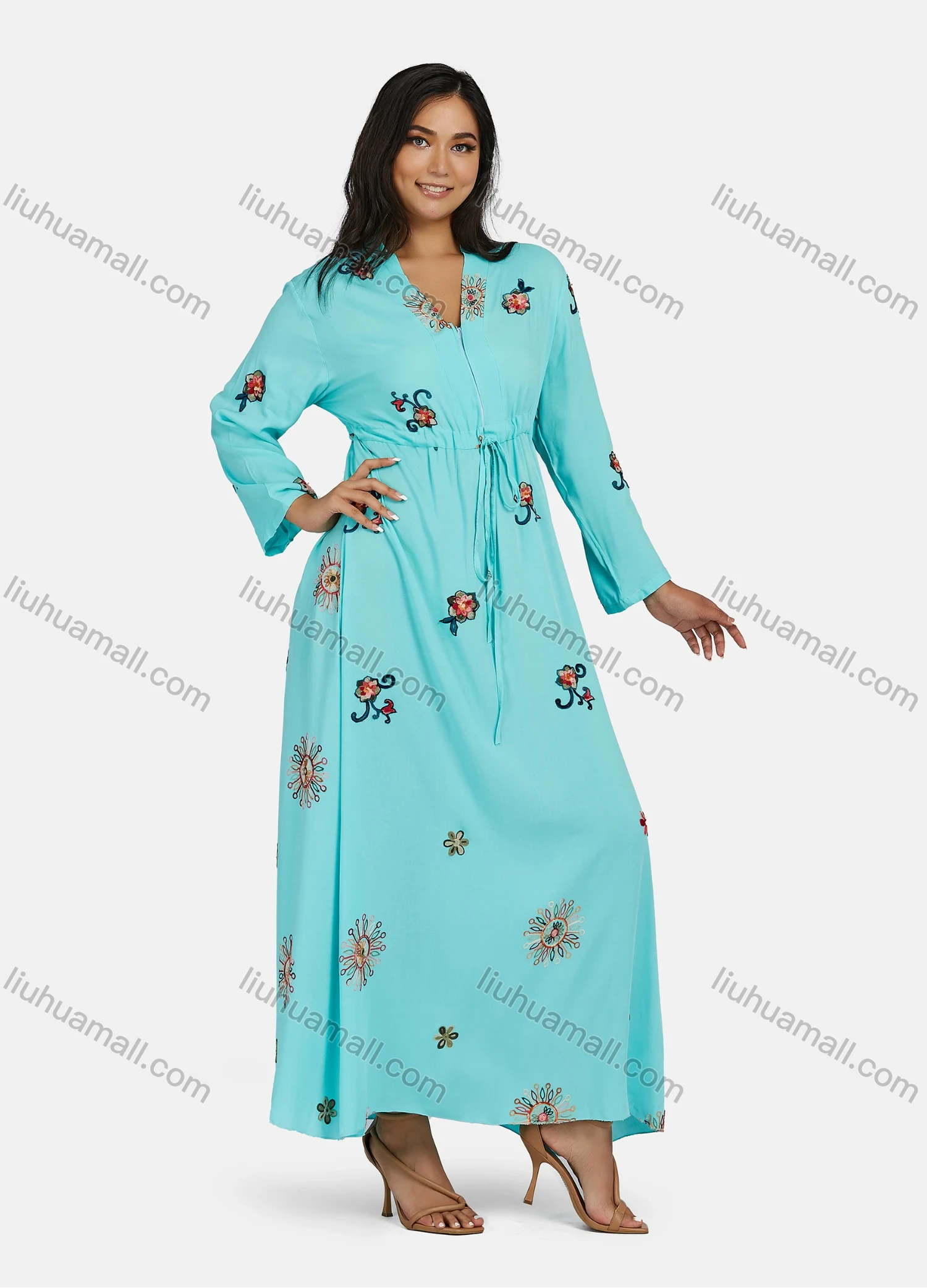 Wholesale Women's Plus Size Long Sleeve V Neck Drawstring Floral Print Zipper Front Maxi Dress - Liuhuamall