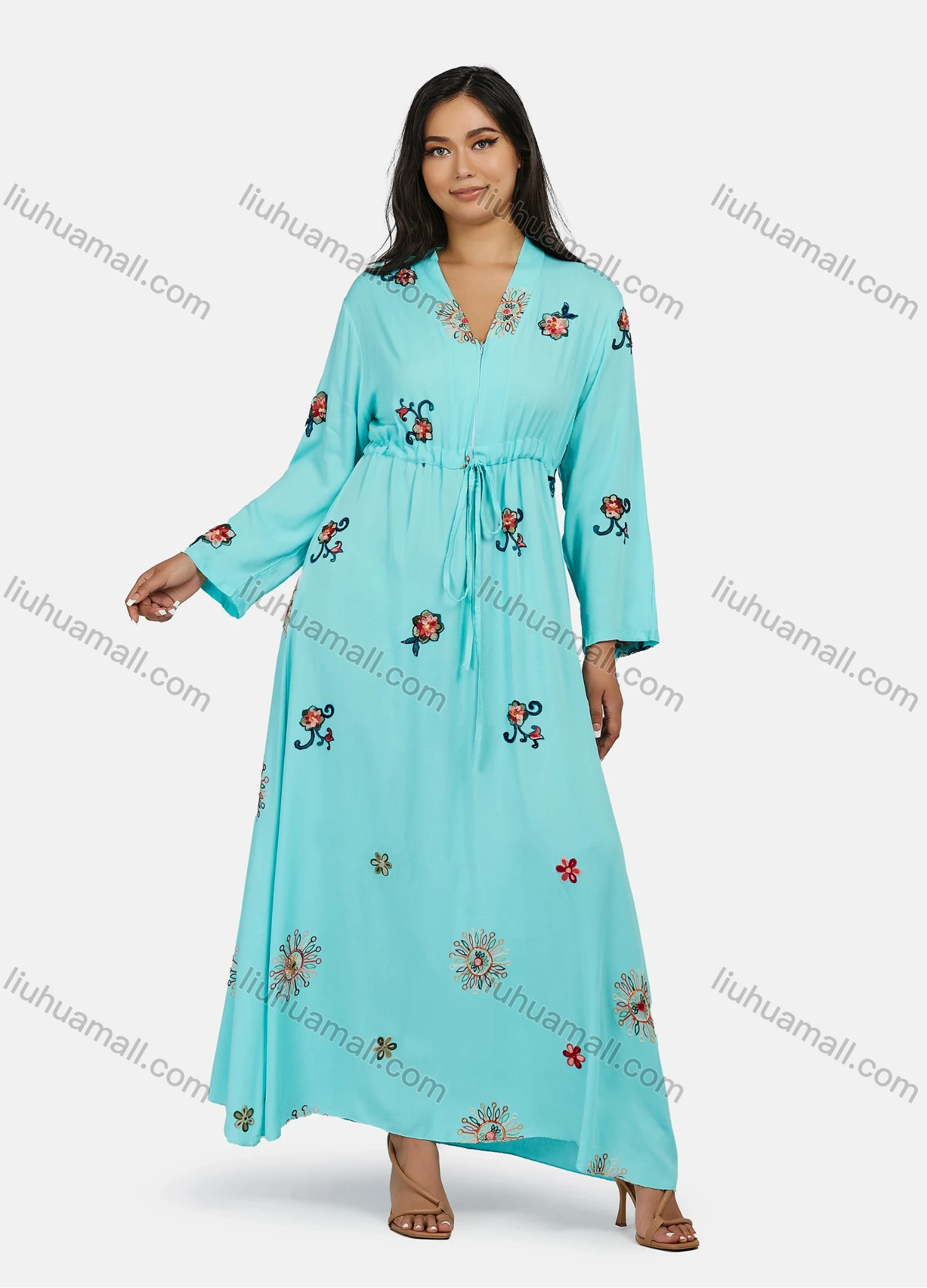 Wholesale Women's Plus Size Long Sleeve V Neck Drawstring Floral Print Zipper Front Maxi Dress - Liuhuamall