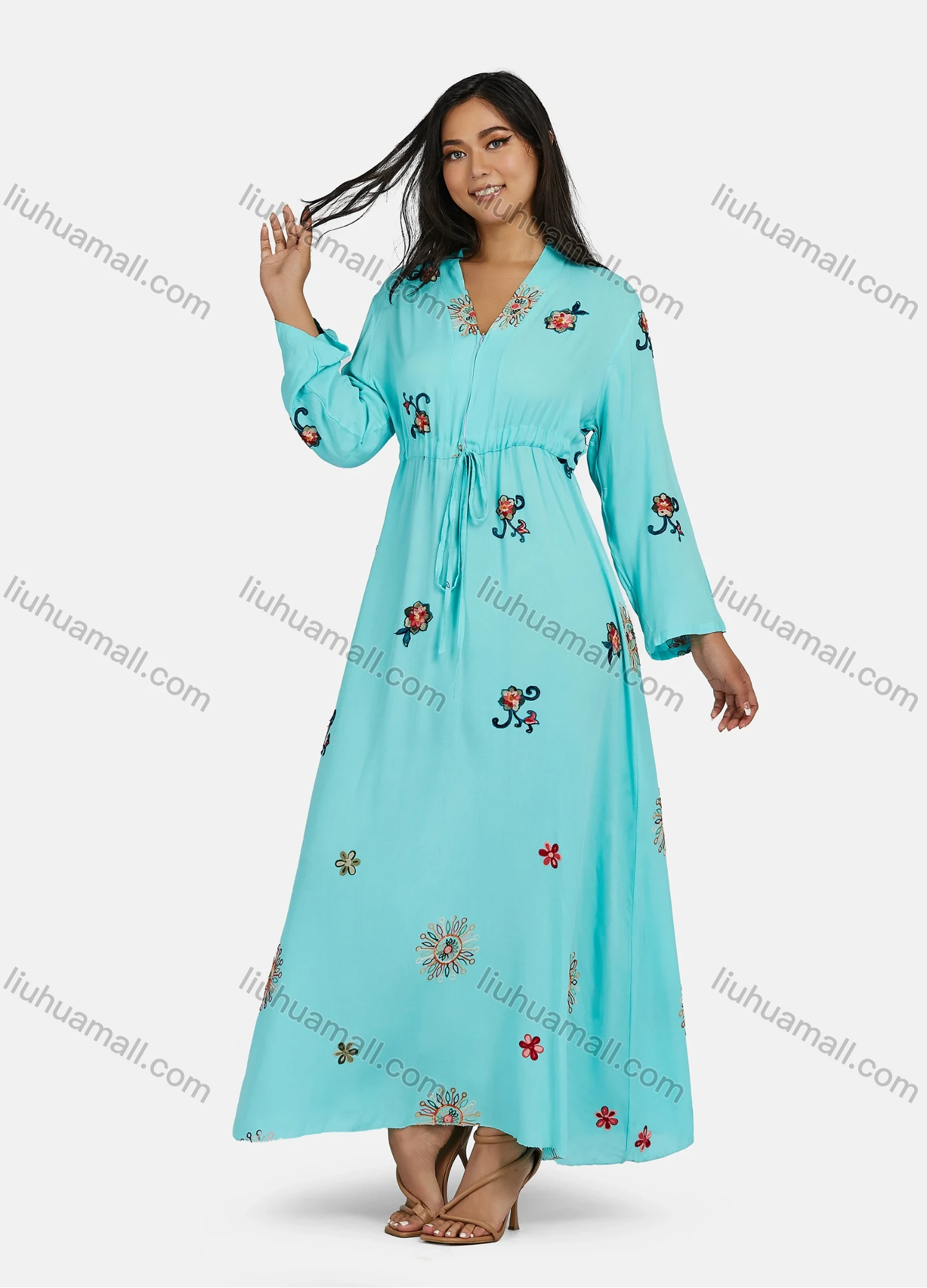 Wholesale Women's Plus Size Long Sleeve V Neck Drawstring Floral Print Zipper Front Maxi Dress - Liuhuamall