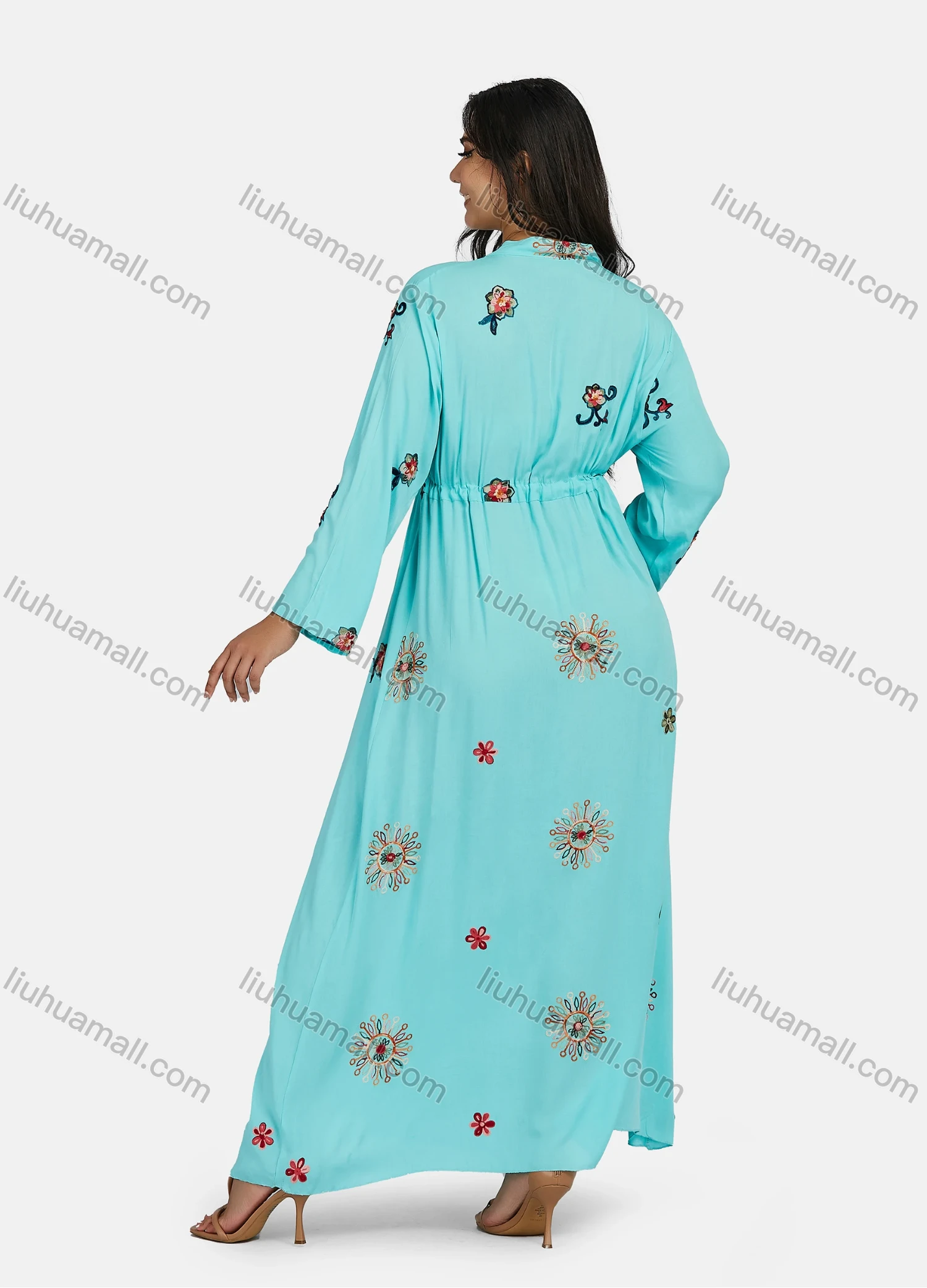 Wholesale Women's Plus Size Long Sleeve V Neck Drawstring Floral Print Zipper Front Maxi Dress - Liuhuamall