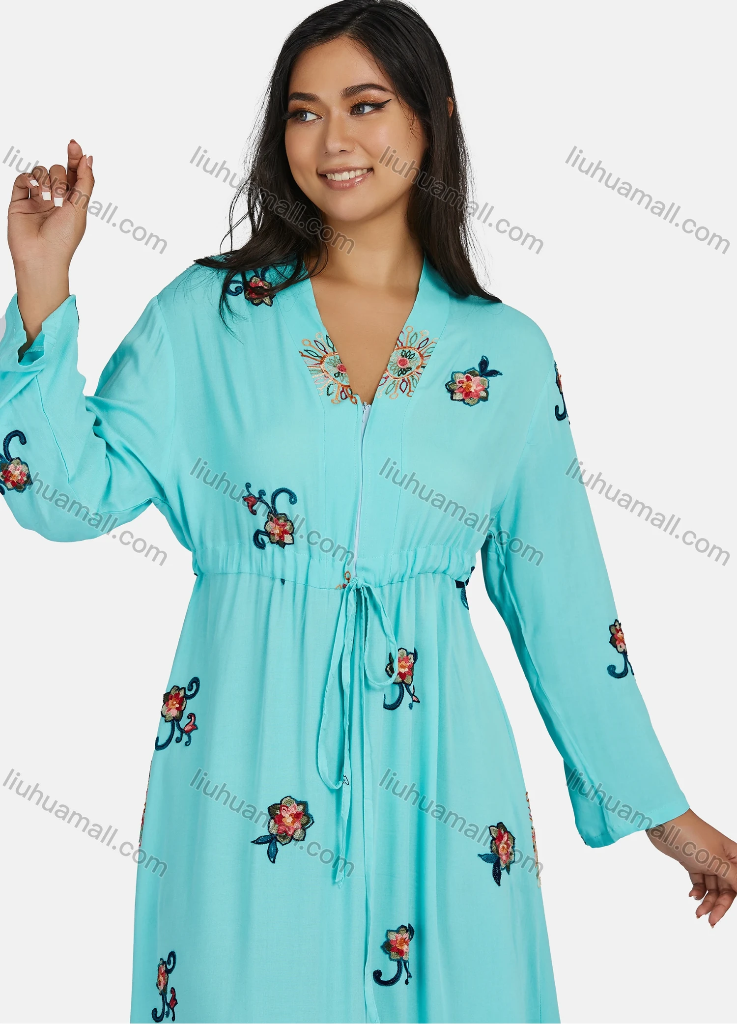 Wholesale Women's Plus Size Long Sleeve V Neck Drawstring Floral Print Zipper Front Maxi Dress - Liuhuamall