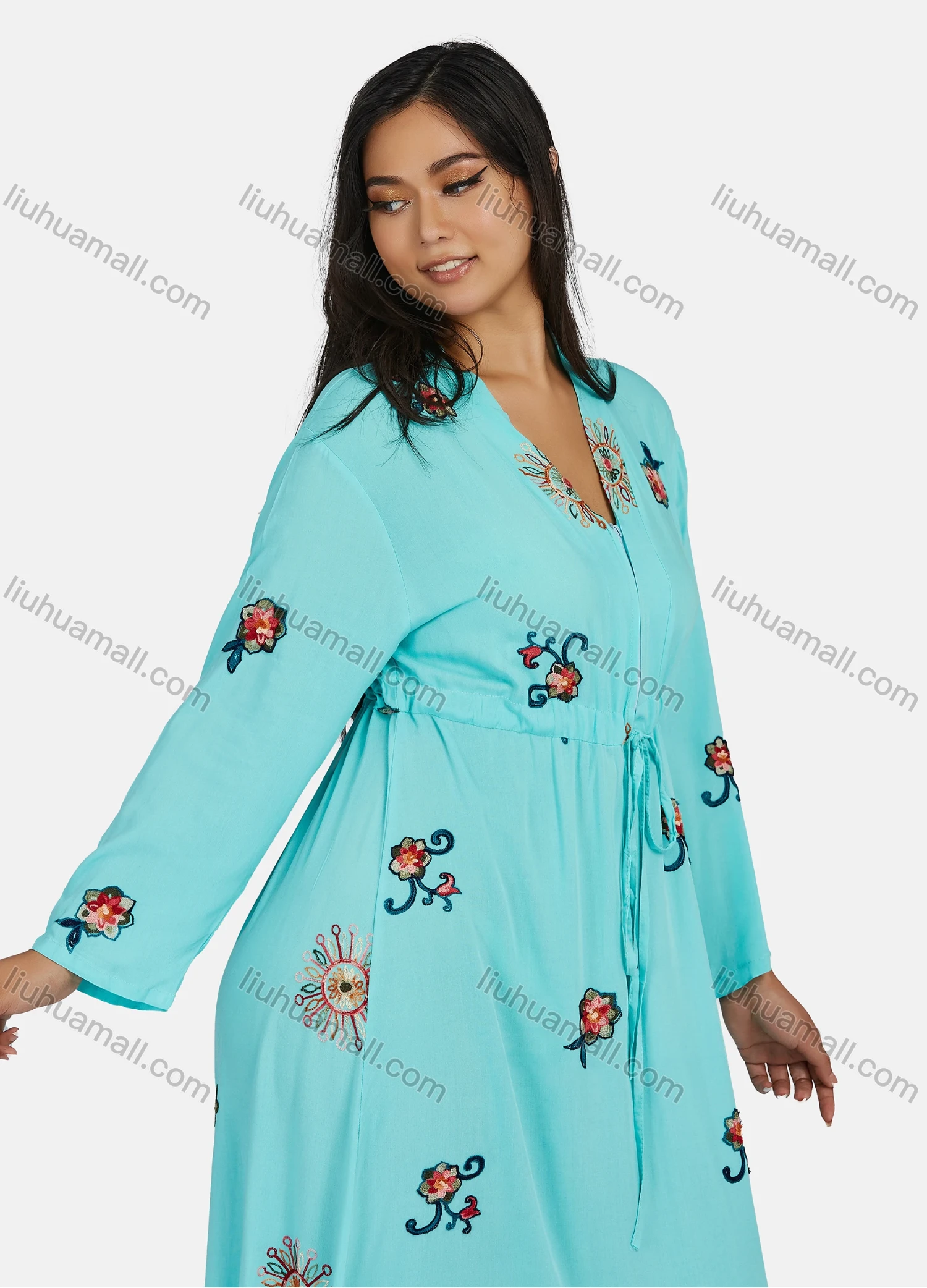 Wholesale Women's Plus Size Long Sleeve V Neck Drawstring Floral Print Zipper Front Maxi Dress - Liuhuamall