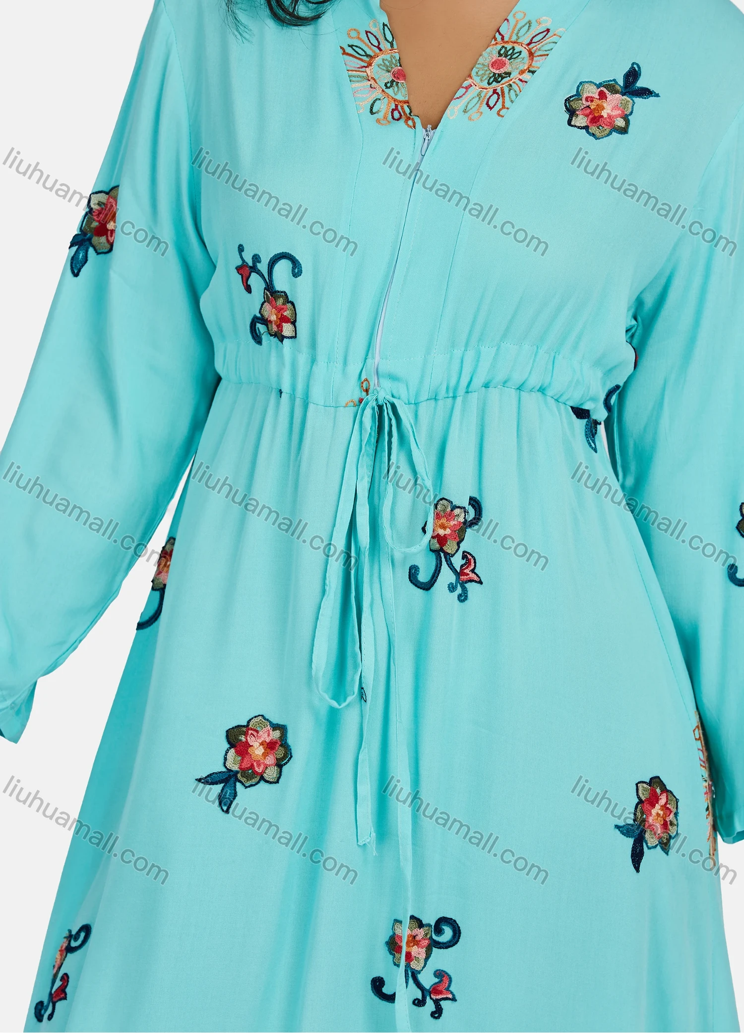 Wholesale Women's Plus Size Long Sleeve V Neck Drawstring Floral Print Zipper Front Maxi Dress - Liuhuamall