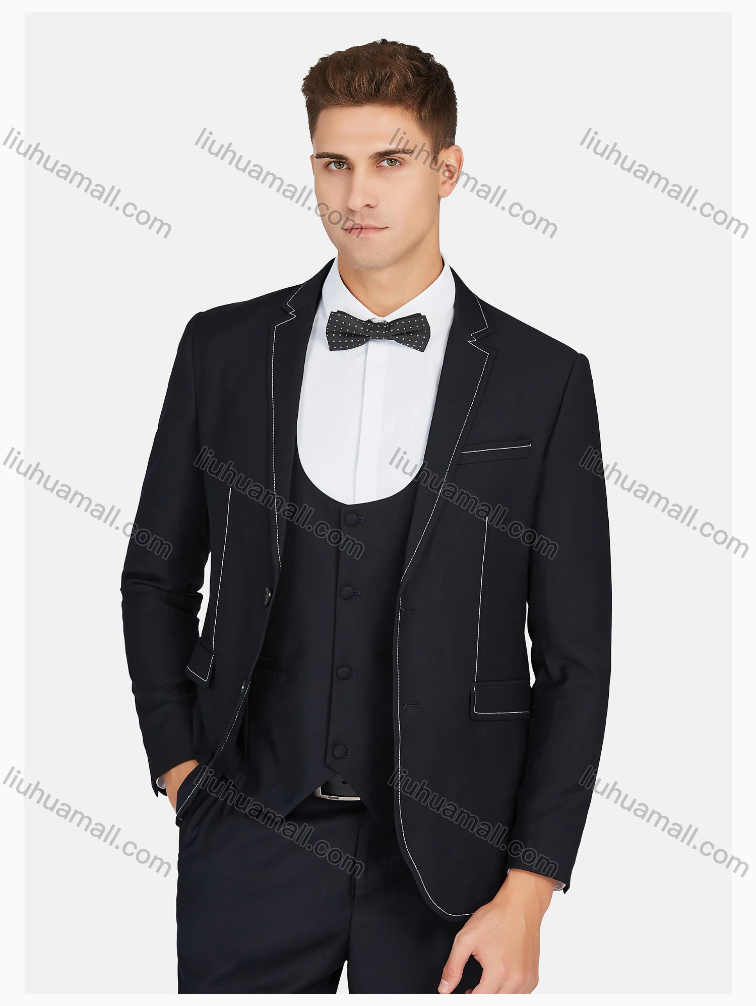 Wholesale Men's Formal Lapel Striped Pockets Blazer & Vest & Pant 3 Pieces Suit Sets - Liuhuamall