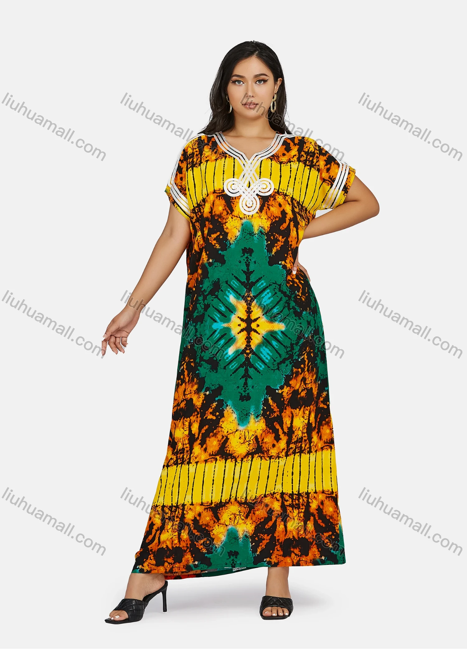 Wholesale Women's African Short Sleeve Notched Neck Tie Dye Embroidery Maxi Dress - Liuhuamall