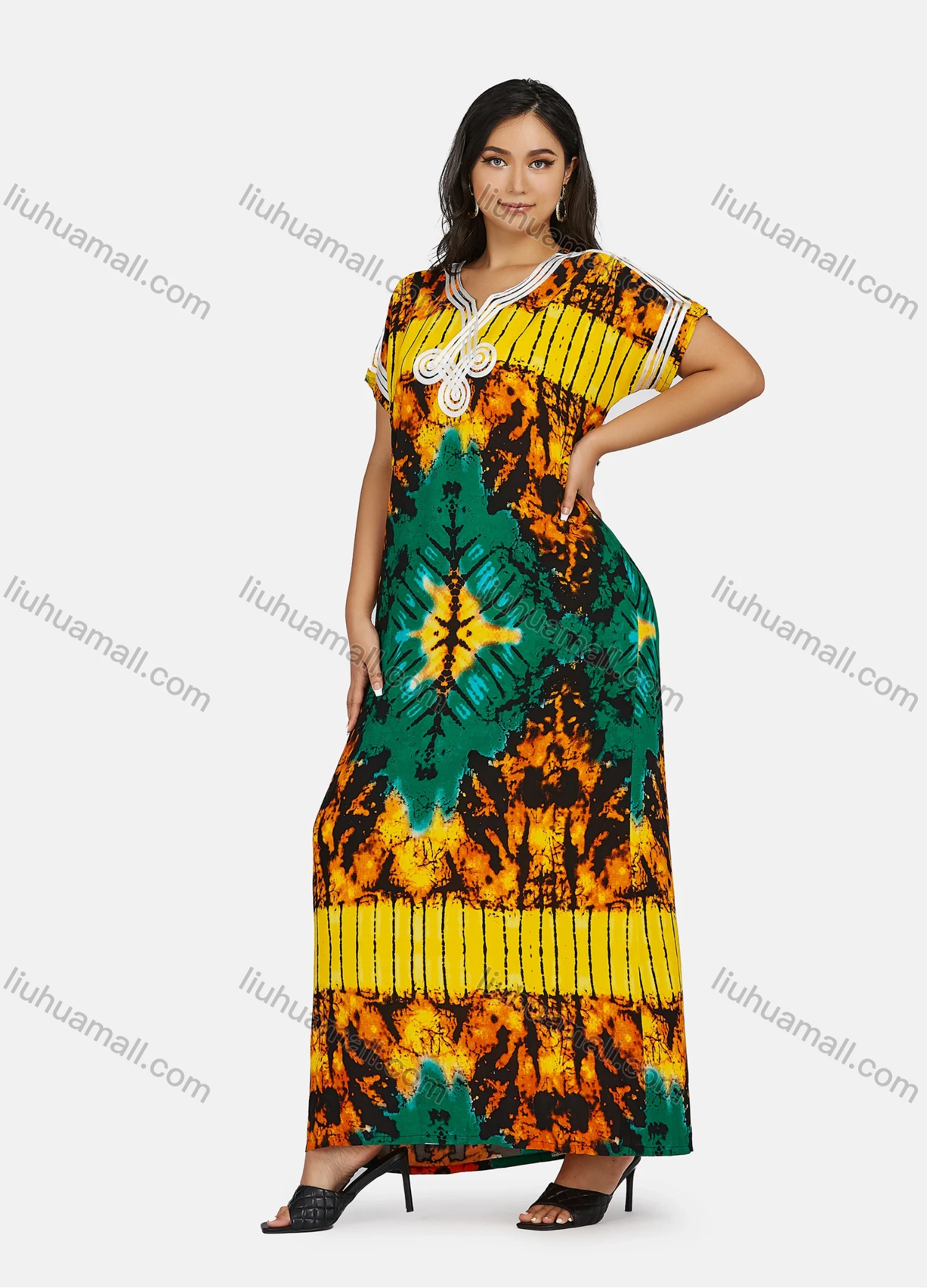 Wholesale Women's African Short Sleeve Notched Neck Tie Dye Embroidery Maxi Dress - Liuhuamall