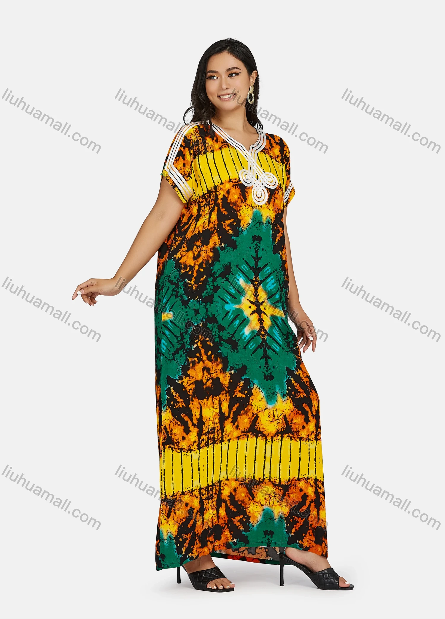 Wholesale Women's African Short Sleeve Notched Neck Tie Dye Embroidery Maxi Dress - Liuhuamall
