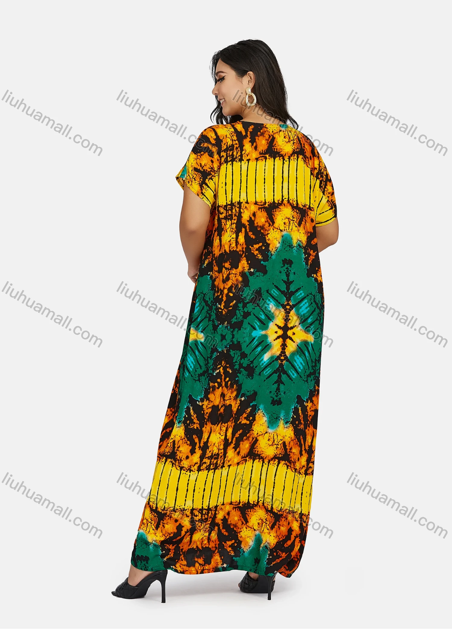 Wholesale Women's African Short Sleeve Notched Neck Tie Dye Embroidery Maxi Dress - Liuhuamall