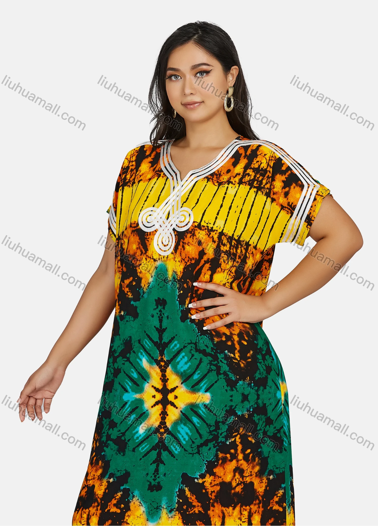 Wholesale Women's African Short Sleeve Notched Neck Tie Dye Embroidery Maxi Dress - Liuhuamall