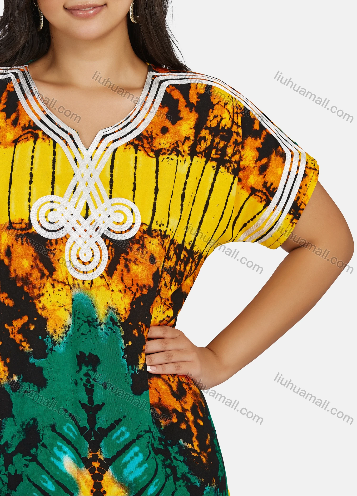 Wholesale Women's African Short Sleeve Notched Neck Tie Dye Embroidery Maxi Dress - Liuhuamall