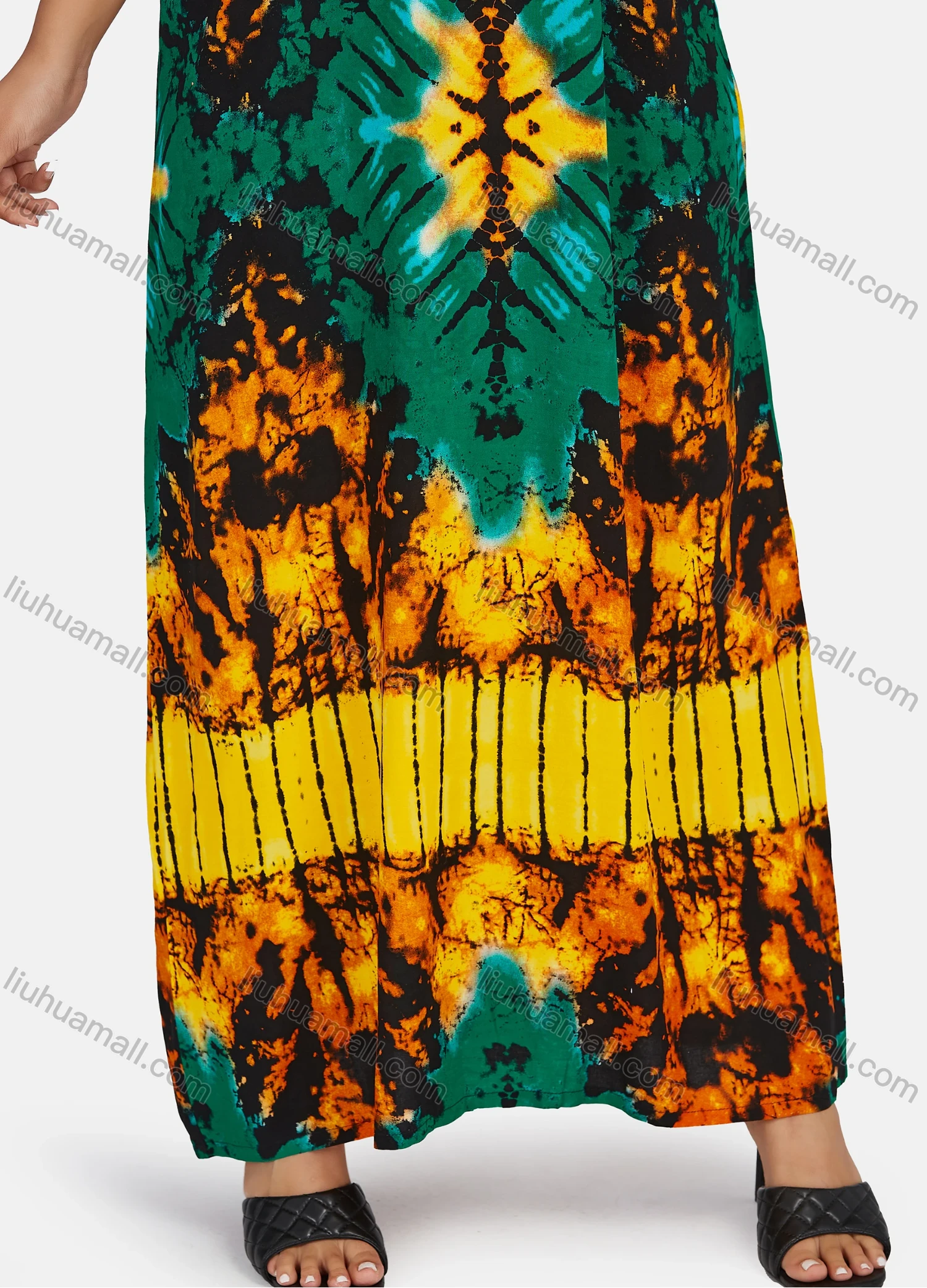 Wholesale Women's African Short Sleeve Notched Neck Tie Dye Embroidery Maxi Dress - Liuhuamall