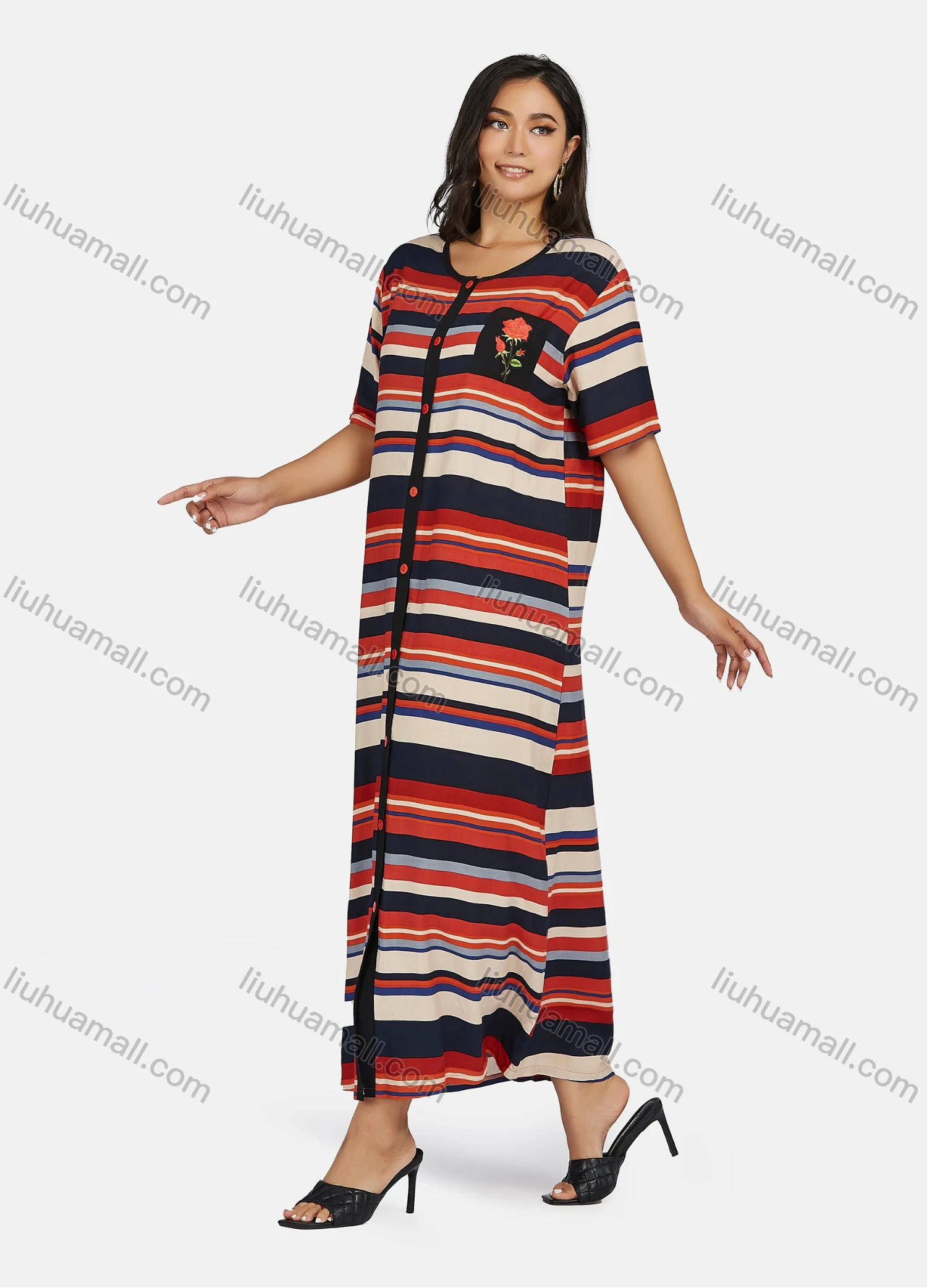 Wholesale Women's Casual Short Sleeve Button Down Colorful Striped Floral Print Maxi Dress - Liuhuamall