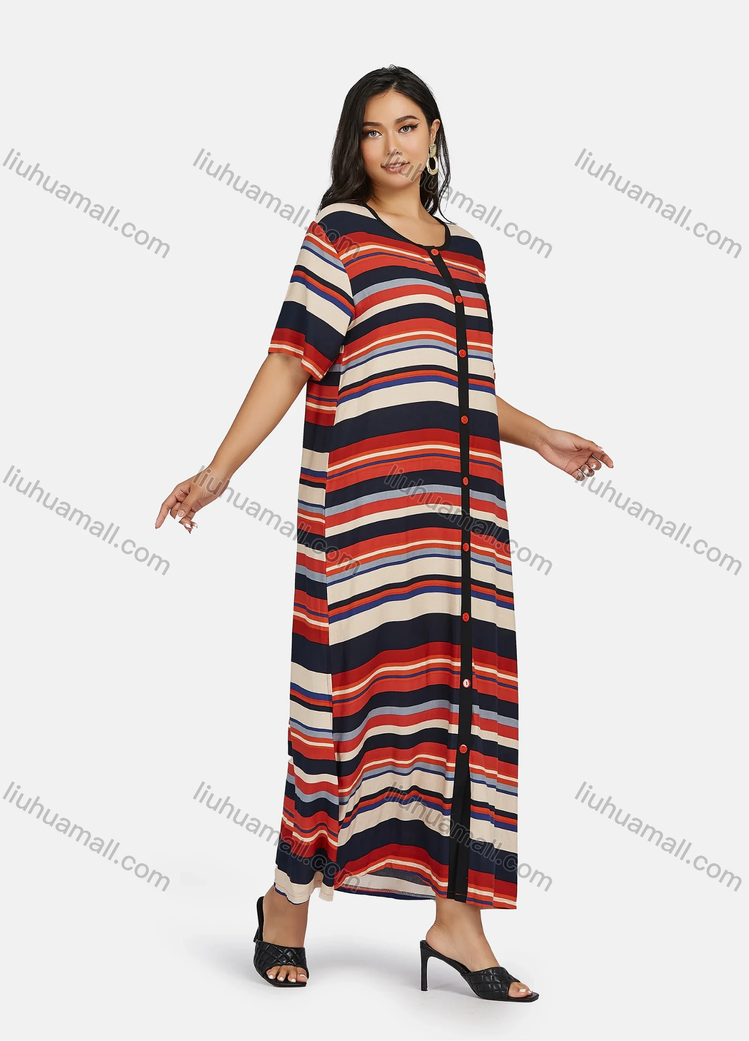 Wholesale Women's Casual Short Sleeve Button Down Colorful Striped Floral Print Maxi Dress - Liuhuamall