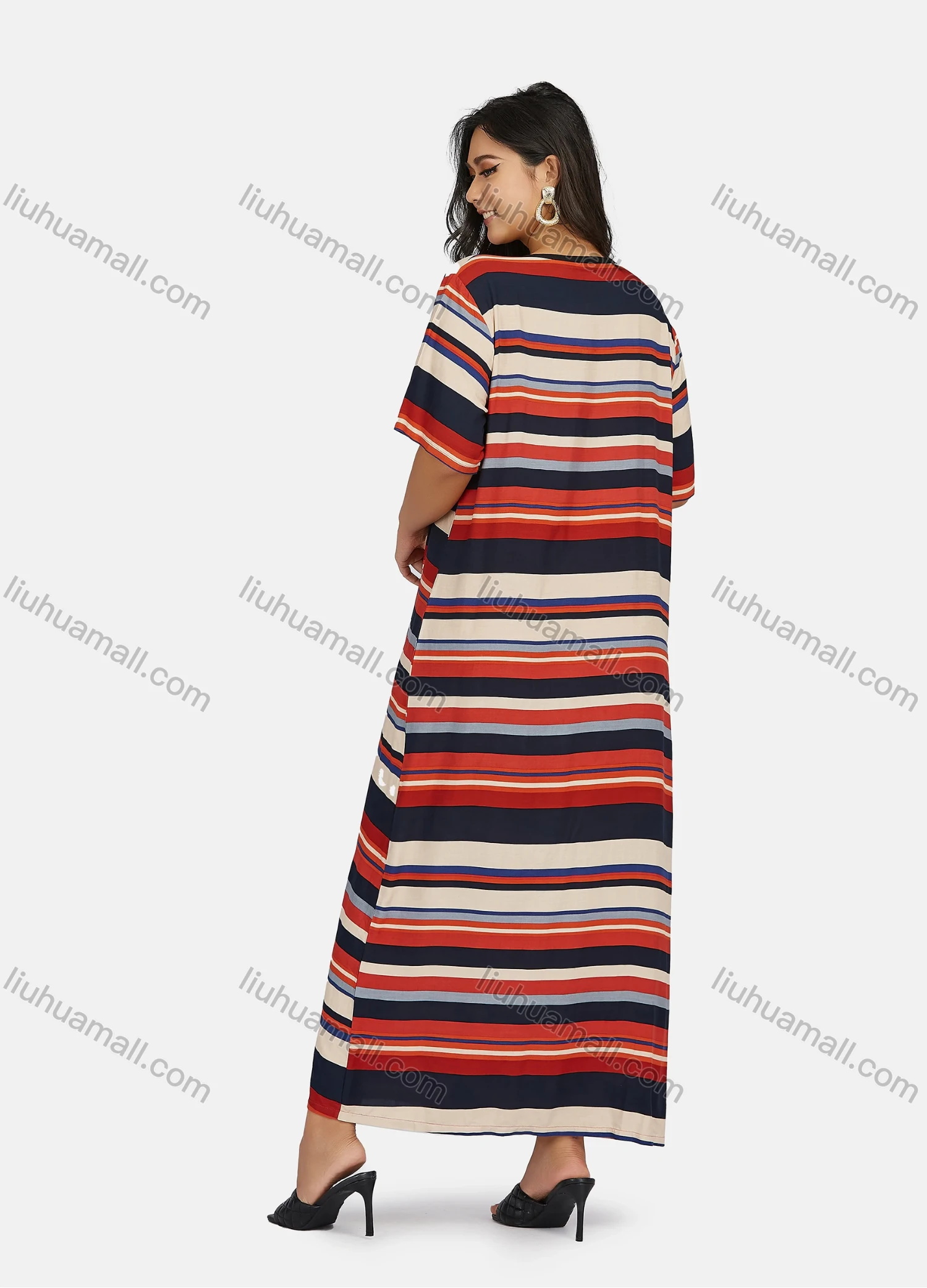 Wholesale Women's Casual Short Sleeve Button Down Colorful Striped Floral Print Maxi Dress - Liuhuamall