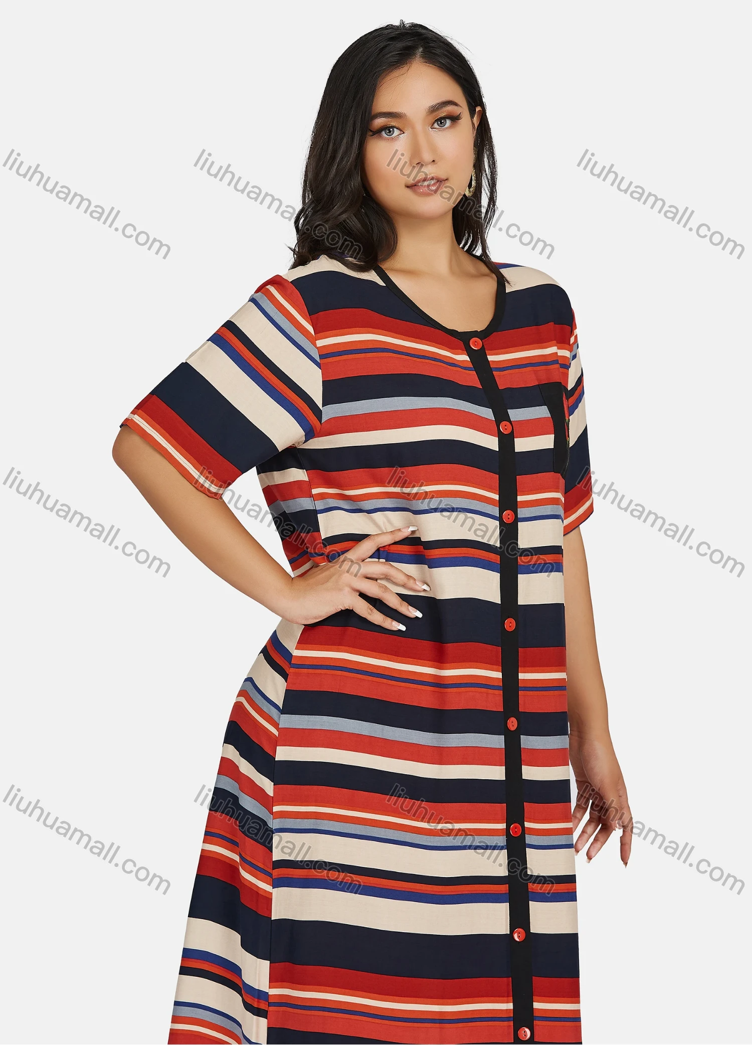 Wholesale Women's Casual Short Sleeve Button Down Colorful Striped Floral Print Maxi Dress - Liuhuamall