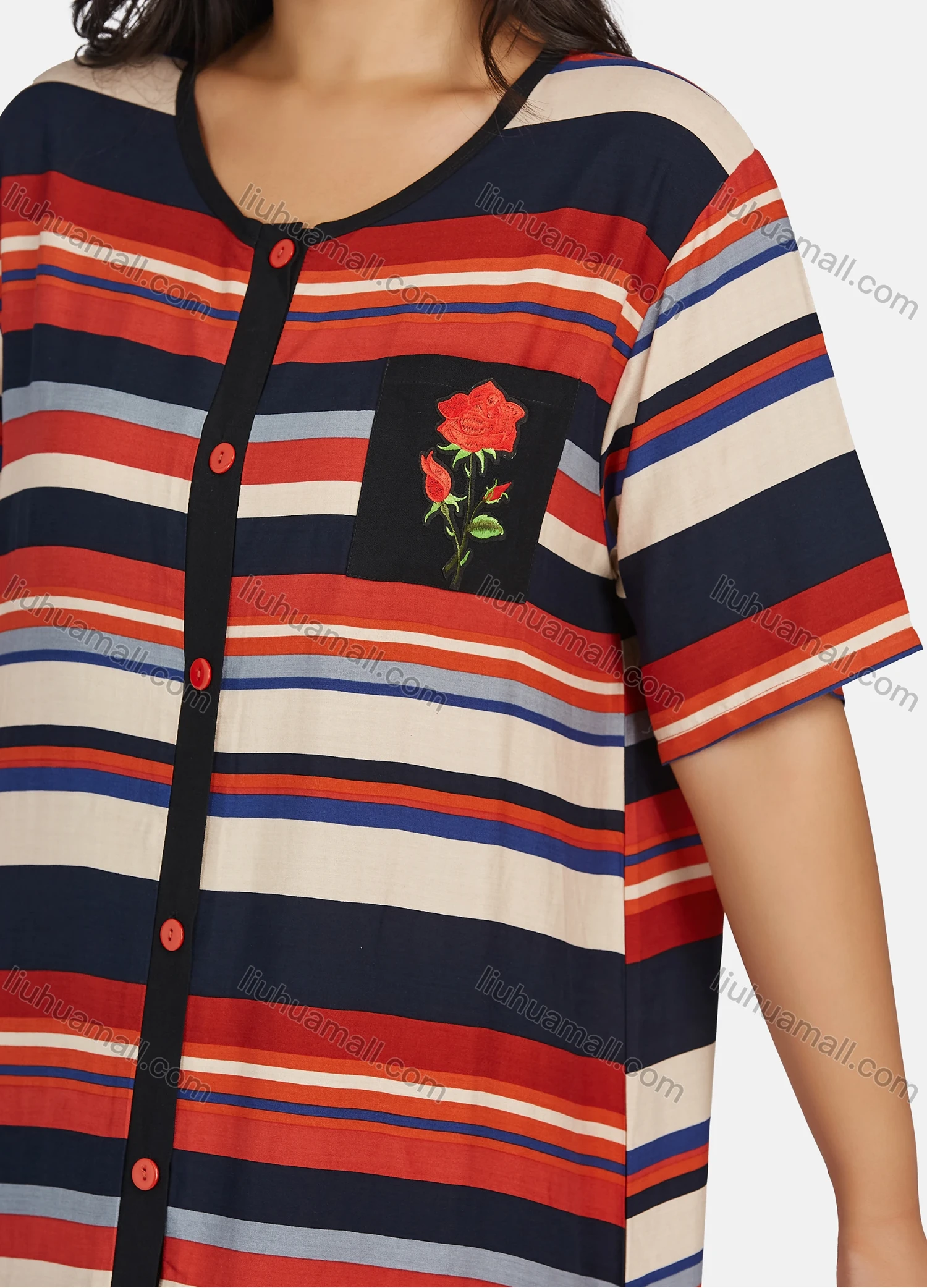 Wholesale Women's Casual Short Sleeve Button Down Colorful Striped Floral Print Maxi Dress - Liuhuamall