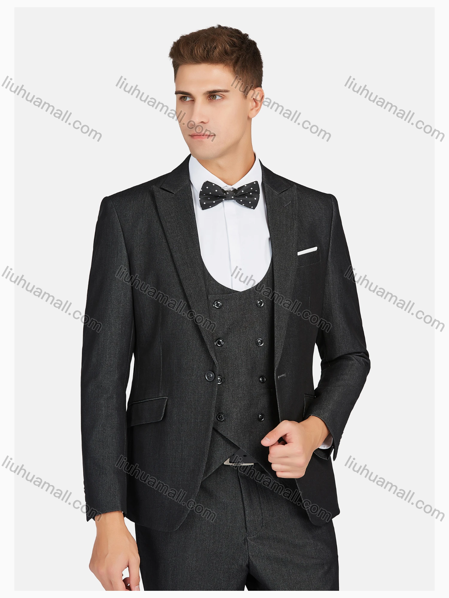 Wholesale Men's Formal Lapel Plain Pockets Blazer & Double Breasted Vest & Pant 3 Pieces Suit Sets - Liuhuamall