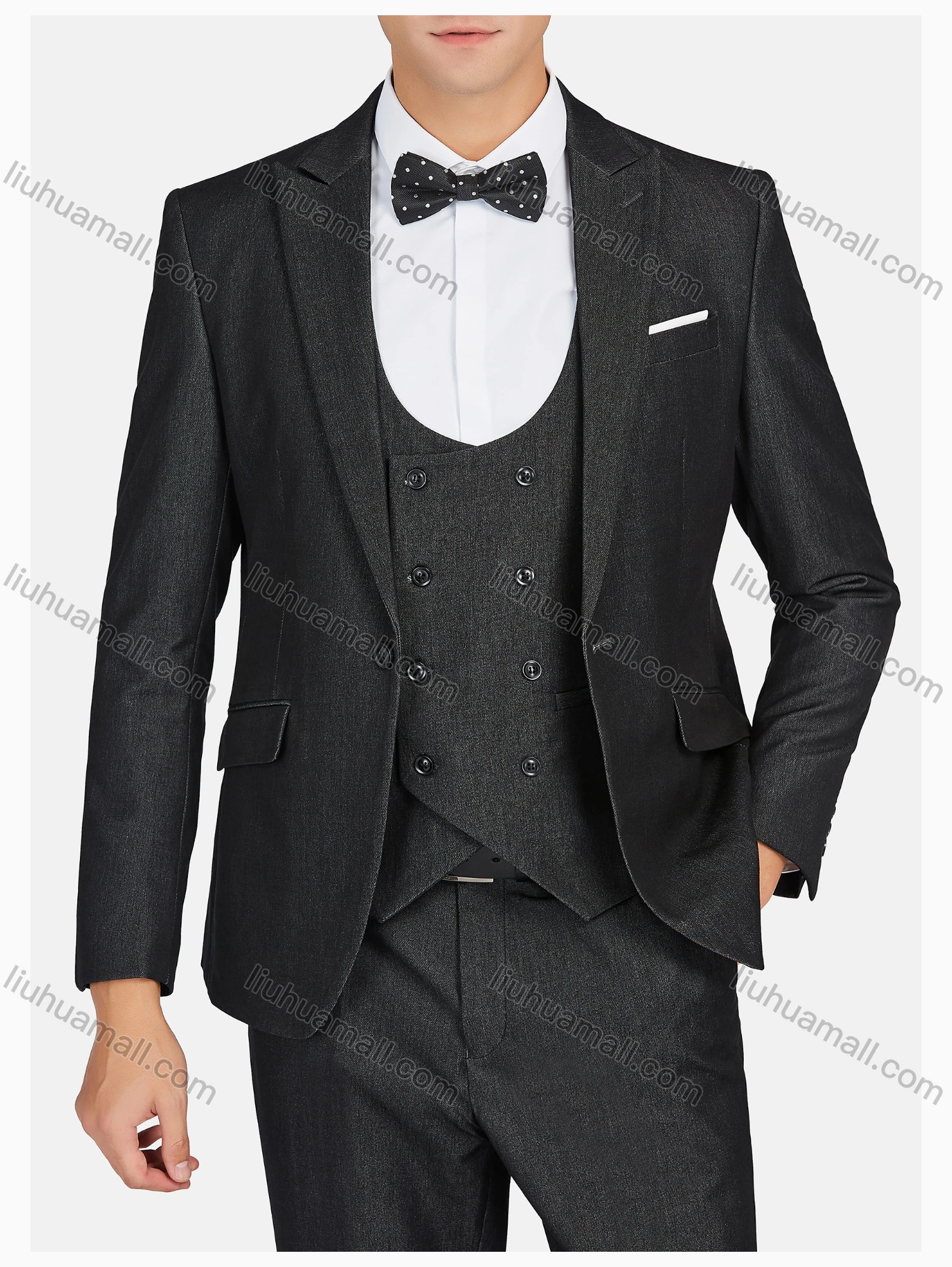 Wholesale Men's Formal Lapel Plain Pockets Blazer & Double Breasted Vest & Pant 3 Pieces Suit Sets - Liuhuamall