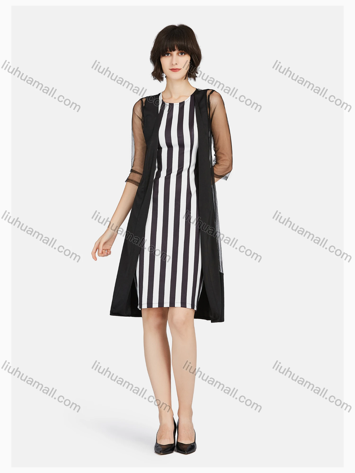 Wholesale Women's Business Lace Sleeve Striped Dress & See Through Cardigan Set - Liuhuamall