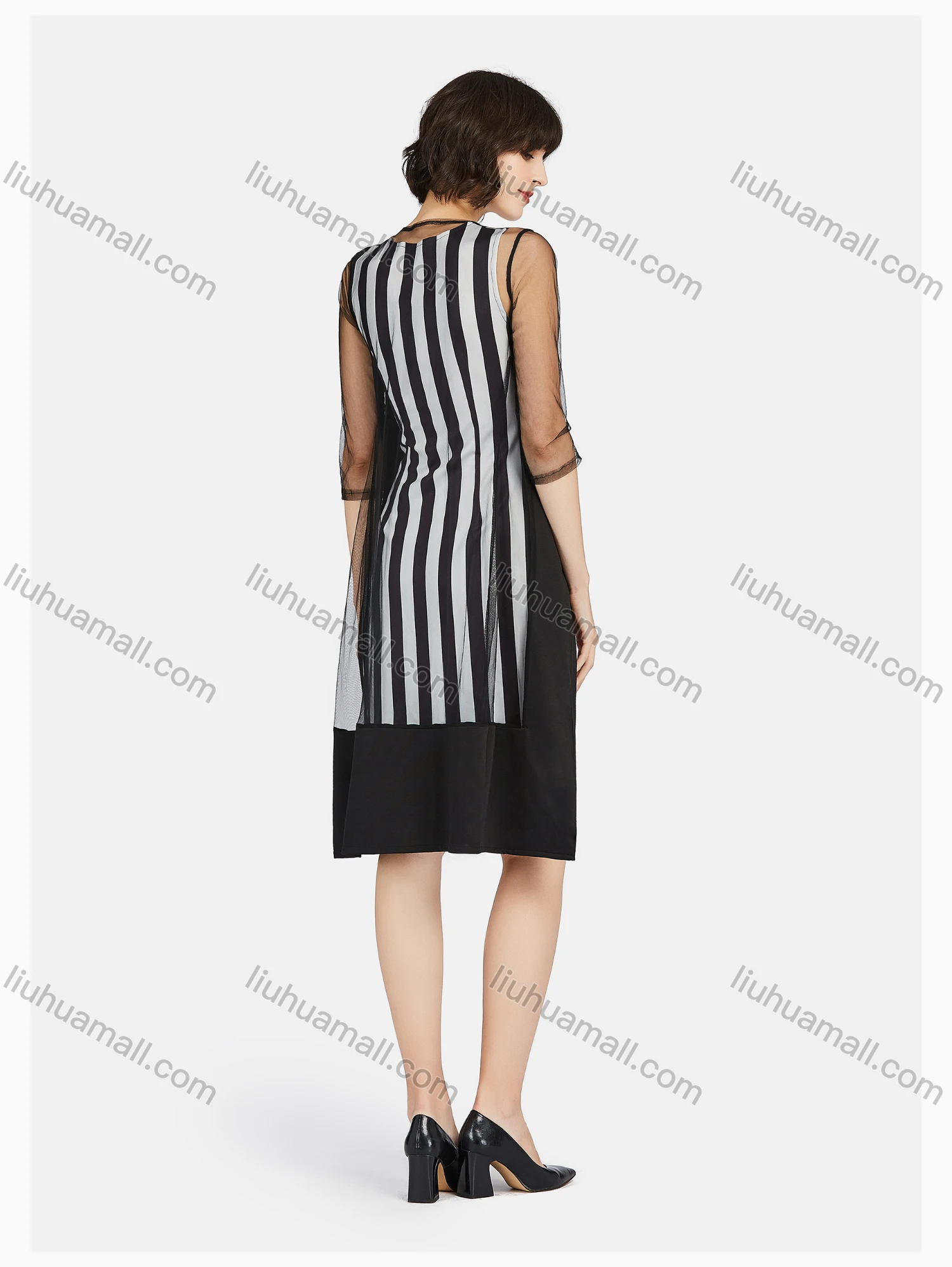 Wholesale Women's Business Lace Sleeve Striped Dress & See Through Cardigan Set - Liuhuamall