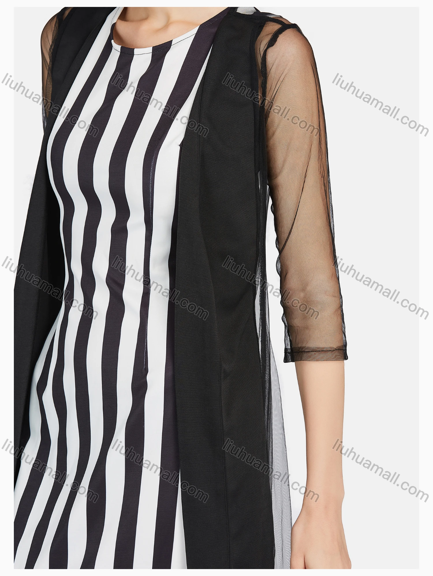 Wholesale Women's Business Lace Sleeve Striped Dress & See Through Cardigan Set - Liuhuamall
