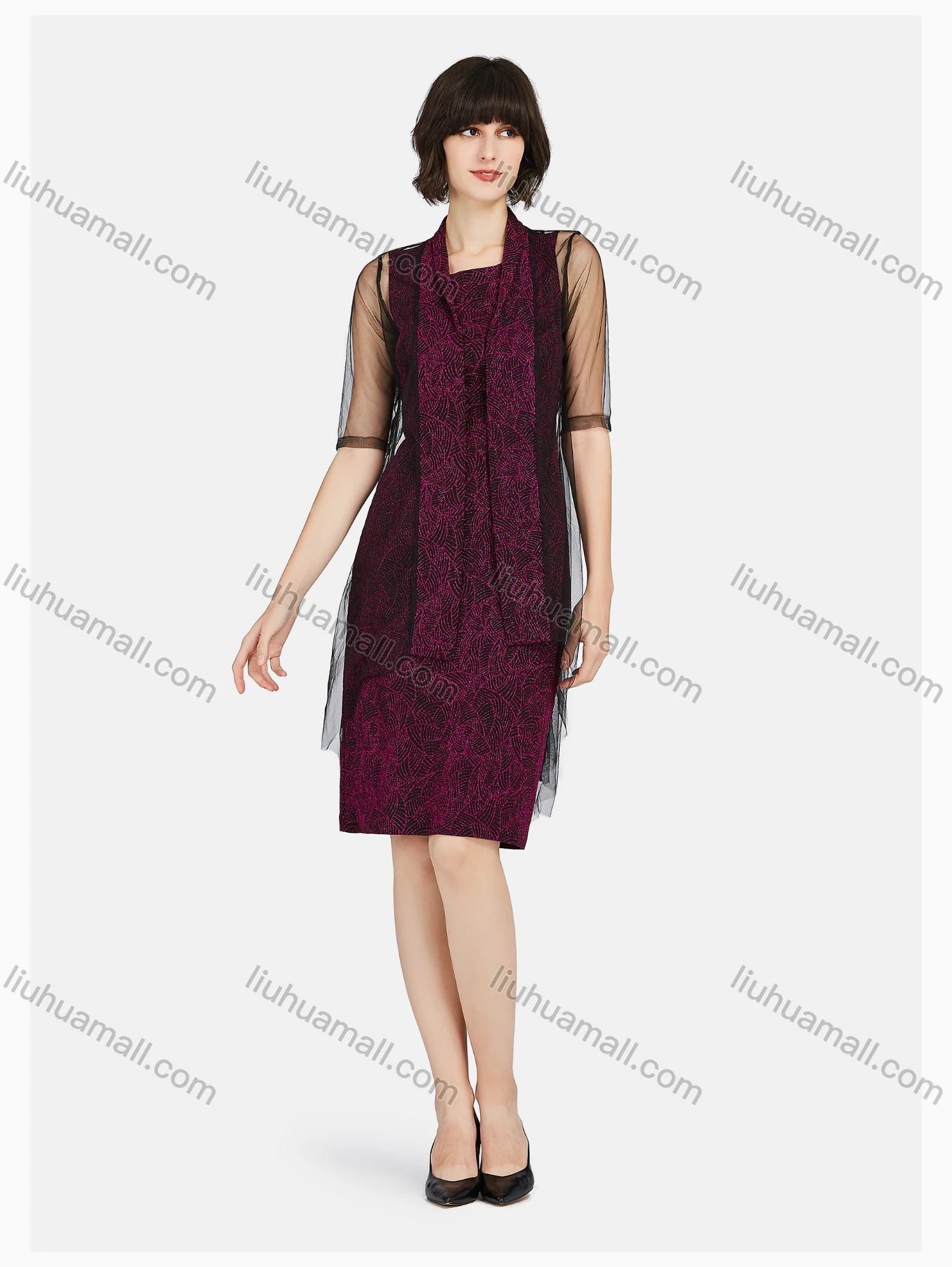 Wholesale Women's Casual Lace Sleeve Jacquard Dress & See Through Cardigan Set - Liuhuamall