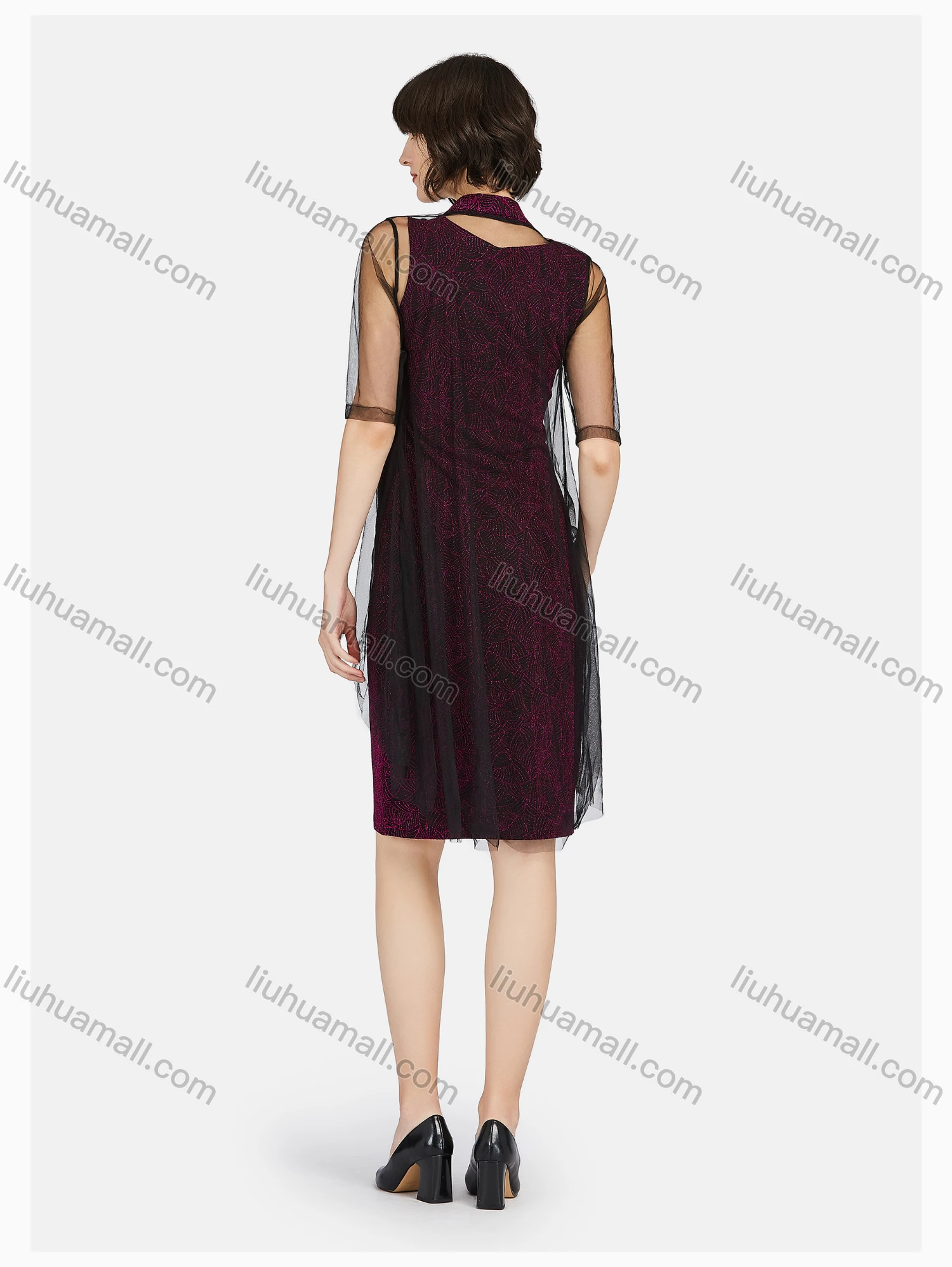 Wholesale Women's Casual Lace Sleeve Jacquard Dress & See Through Cardigan Set - Liuhuamall