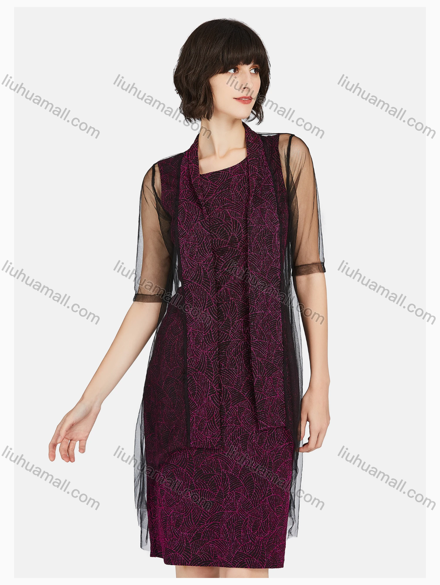 Wholesale Women's Casual Lace Sleeve Jacquard Dress & See Through Cardigan Set - Liuhuamall