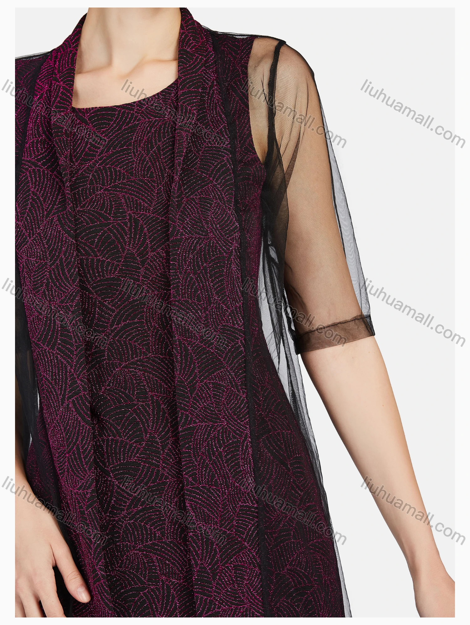 Wholesale Women's Casual Lace Sleeve Jacquard Dress & See Through Cardigan Set - Liuhuamall