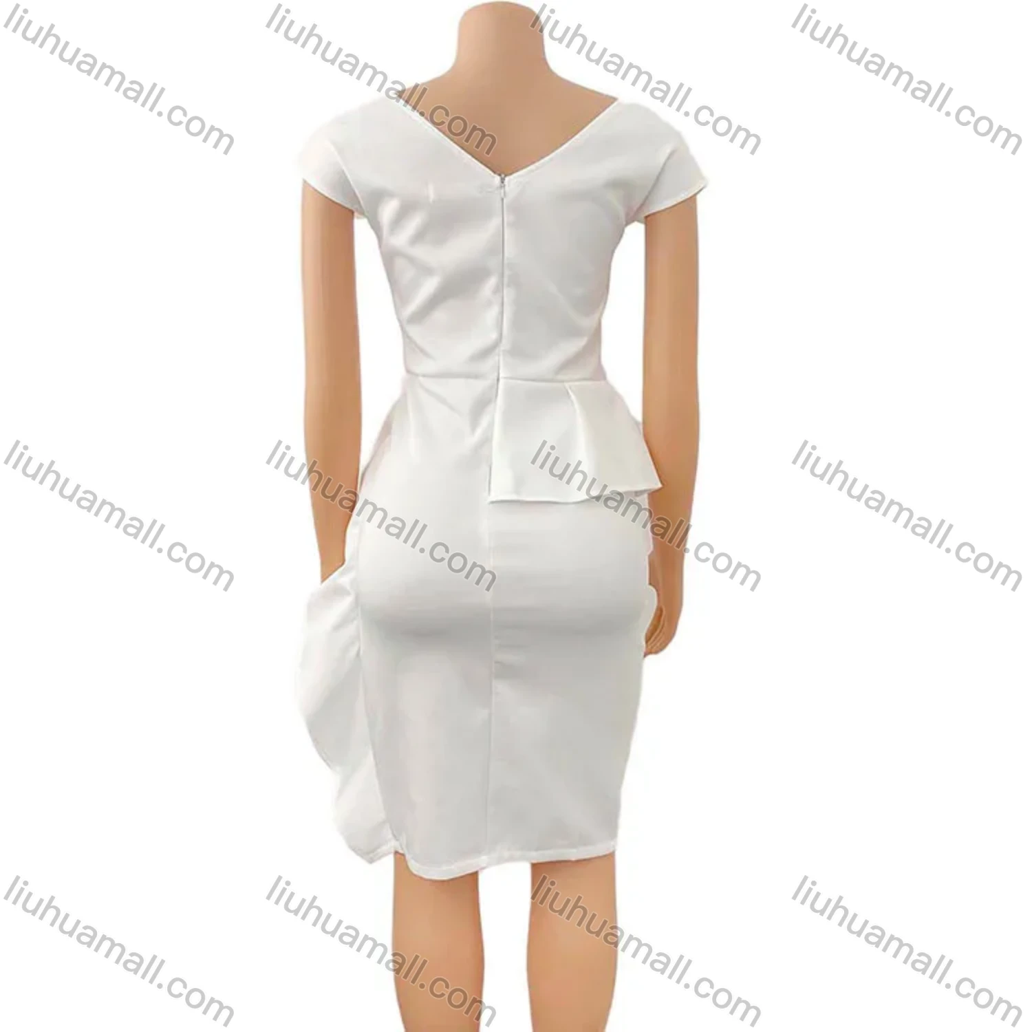 Wholesale Women's Plain Round Neck Ruffle Trim Split Hem Cocktail Midi Dress - Liuhuamall