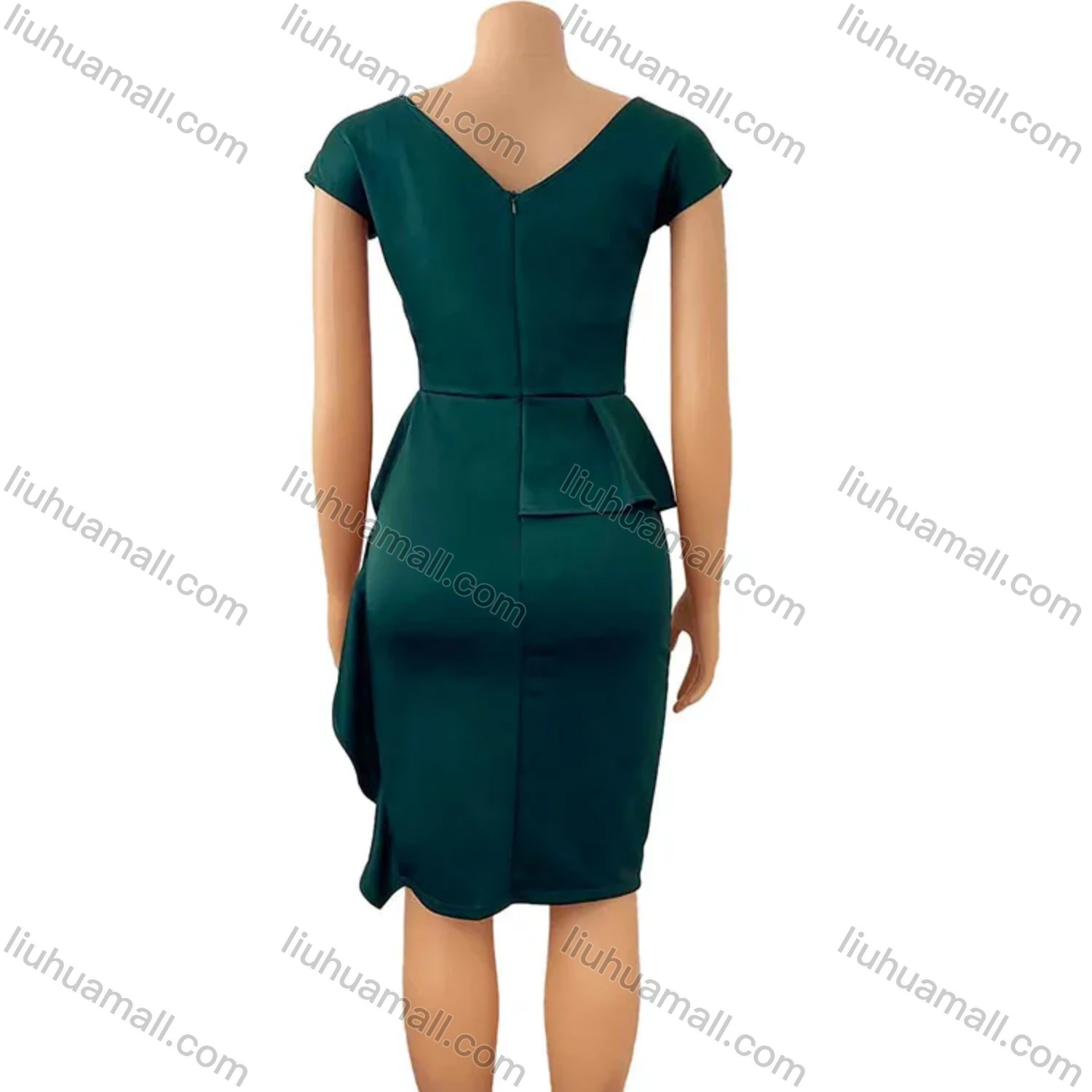 Wholesale Women's Plain Round Neck Ruffle Trim Split Hem Cocktail Midi Dress - Liuhuamall