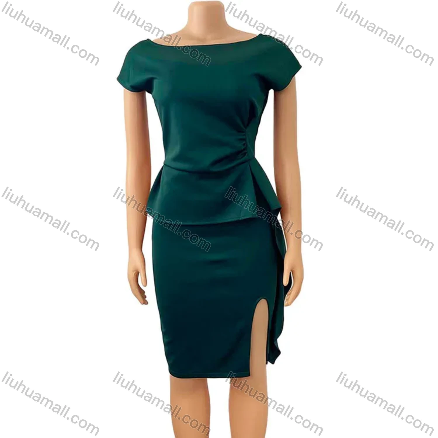 Wholesale Women's Plain Round Neck Ruffle Trim Split Hem Cocktail Midi Dress - Liuhuamall