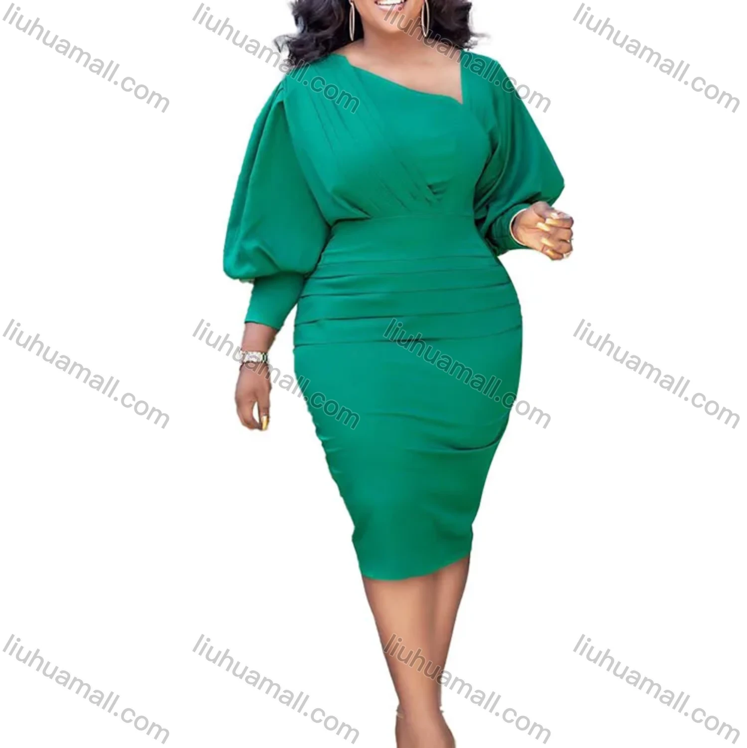 Wholesale Women's Plain Asymmetrical Neck Ruched Bodycon Cocktail Midi Dress - Liuhuamall