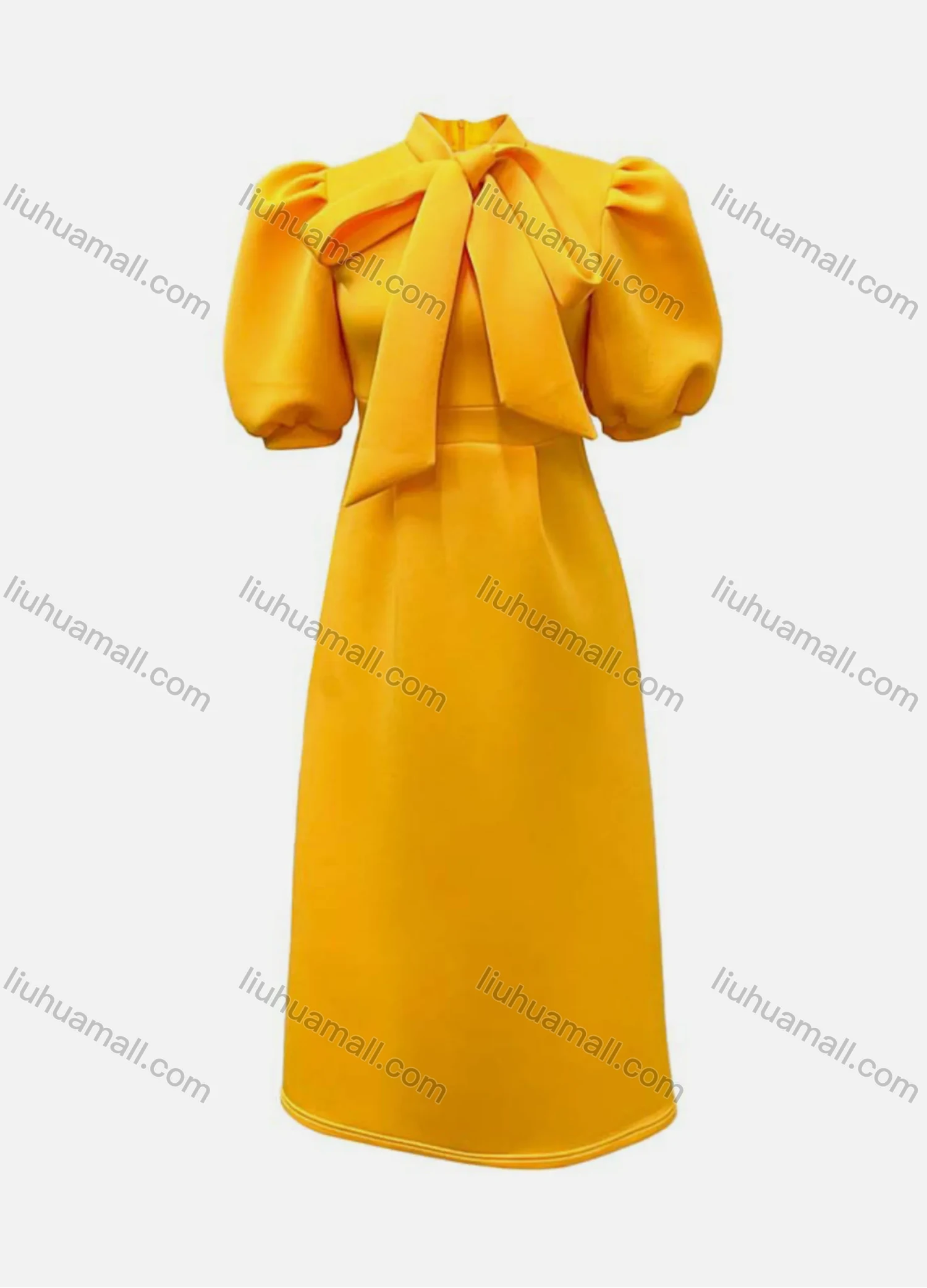 Wholesale Women's Plain Bowknot Lantern Sleeve Ruffle Hem Cocktail Maxi Dress - Liuhuamall