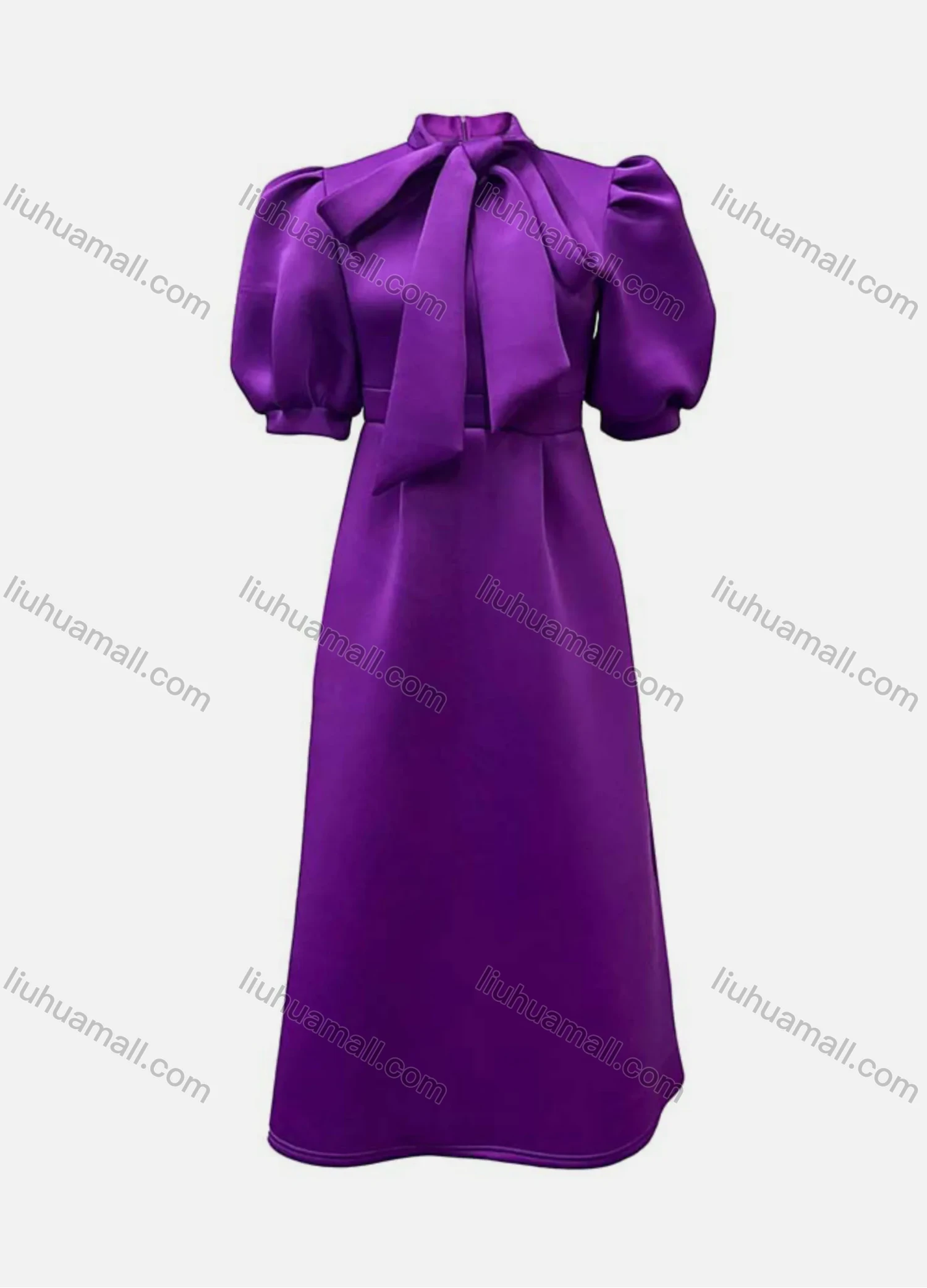 Wholesale Women's Plain Bowknot Lantern Sleeve Ruffle Hem Cocktail Maxi Dress - Liuhuamall