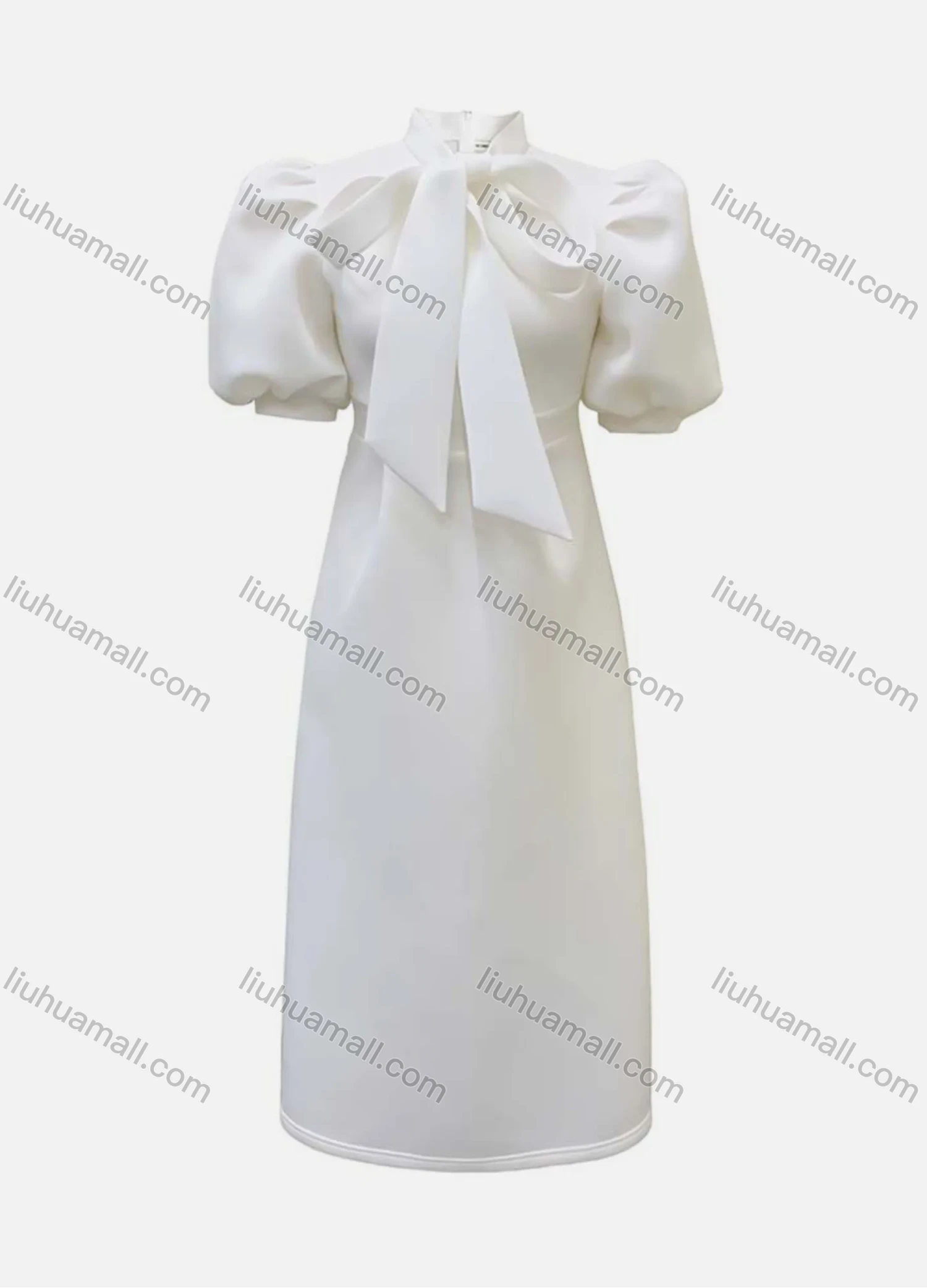 Wholesale Women's Plain Bowknot Lantern Sleeve Ruffle Hem Cocktail Maxi Dress - Liuhuamall