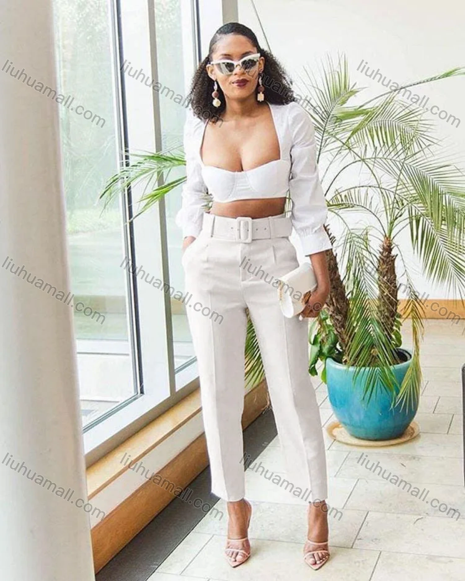 Wholesale Women's Casual Plain High Waist Straight Leg Pants With Belt - Liuhuamall