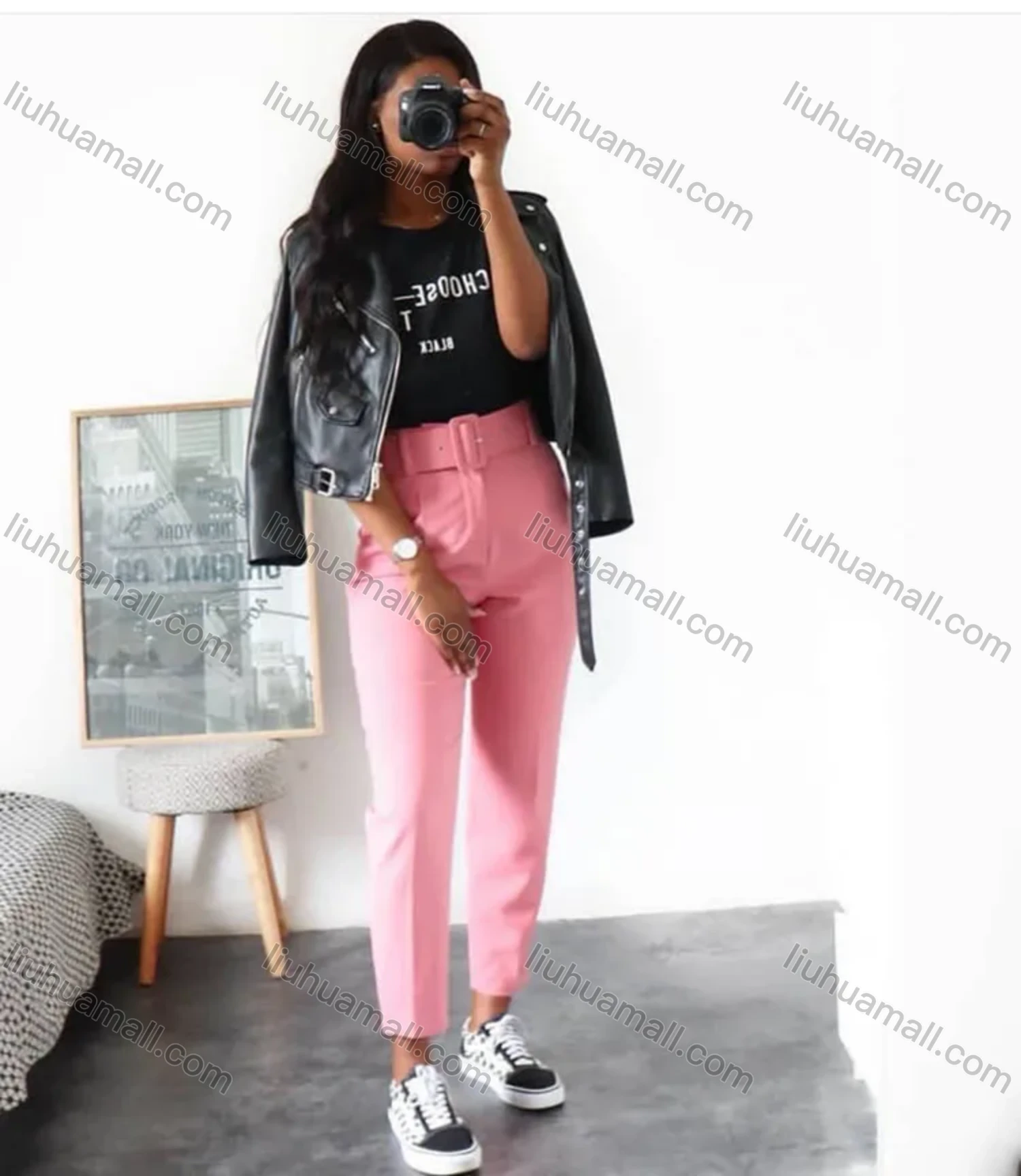 Wholesale Women's Casual Plain High Waist Straight Leg Pants With Belt - Liuhuamall