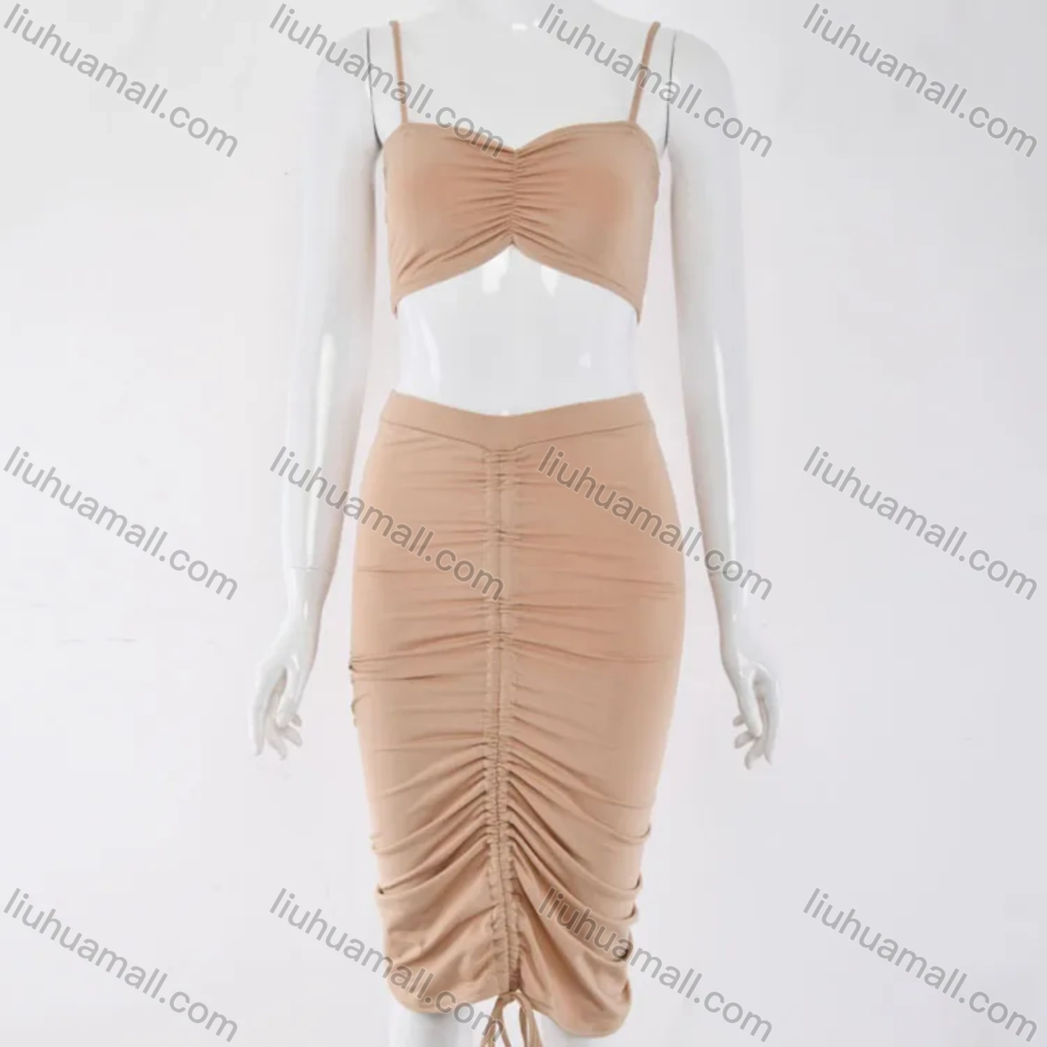 Wholesale Women's Sexy Plain Chest Wrap Tops & Drawstring Midi Dress - Liuhuamall