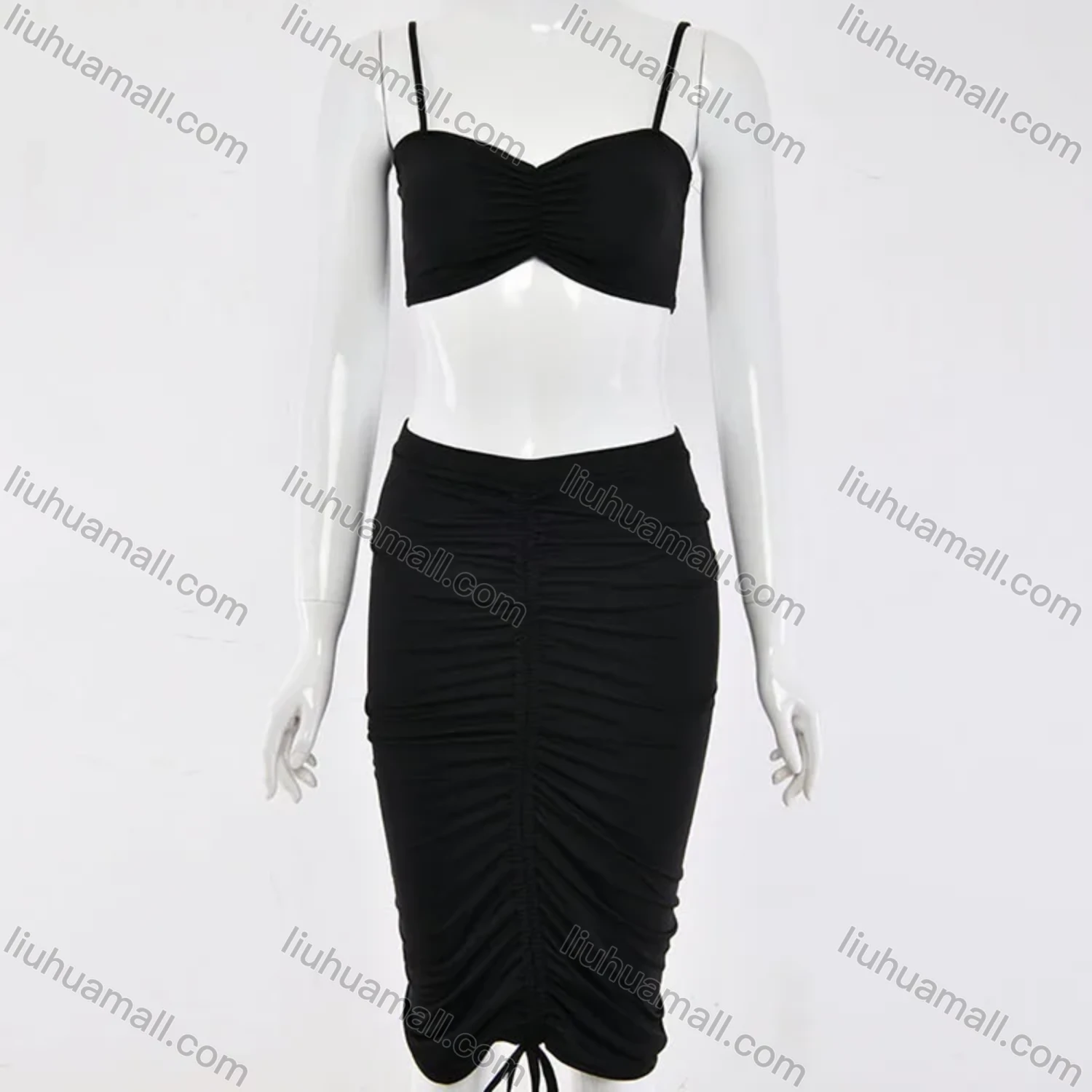 Wholesale Women's Sexy Plain Chest Wrap Tops & Drawstring Midi Dress - Liuhuamall