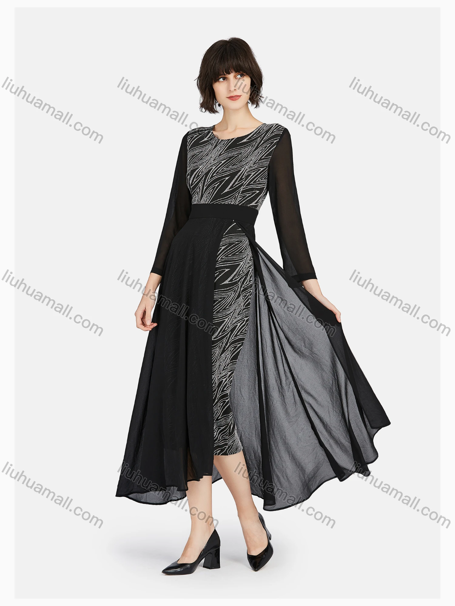 Wholesale Women's Casual Crew Neck Long Sleeve Jacquard Maxi Dress - Liuhuamall