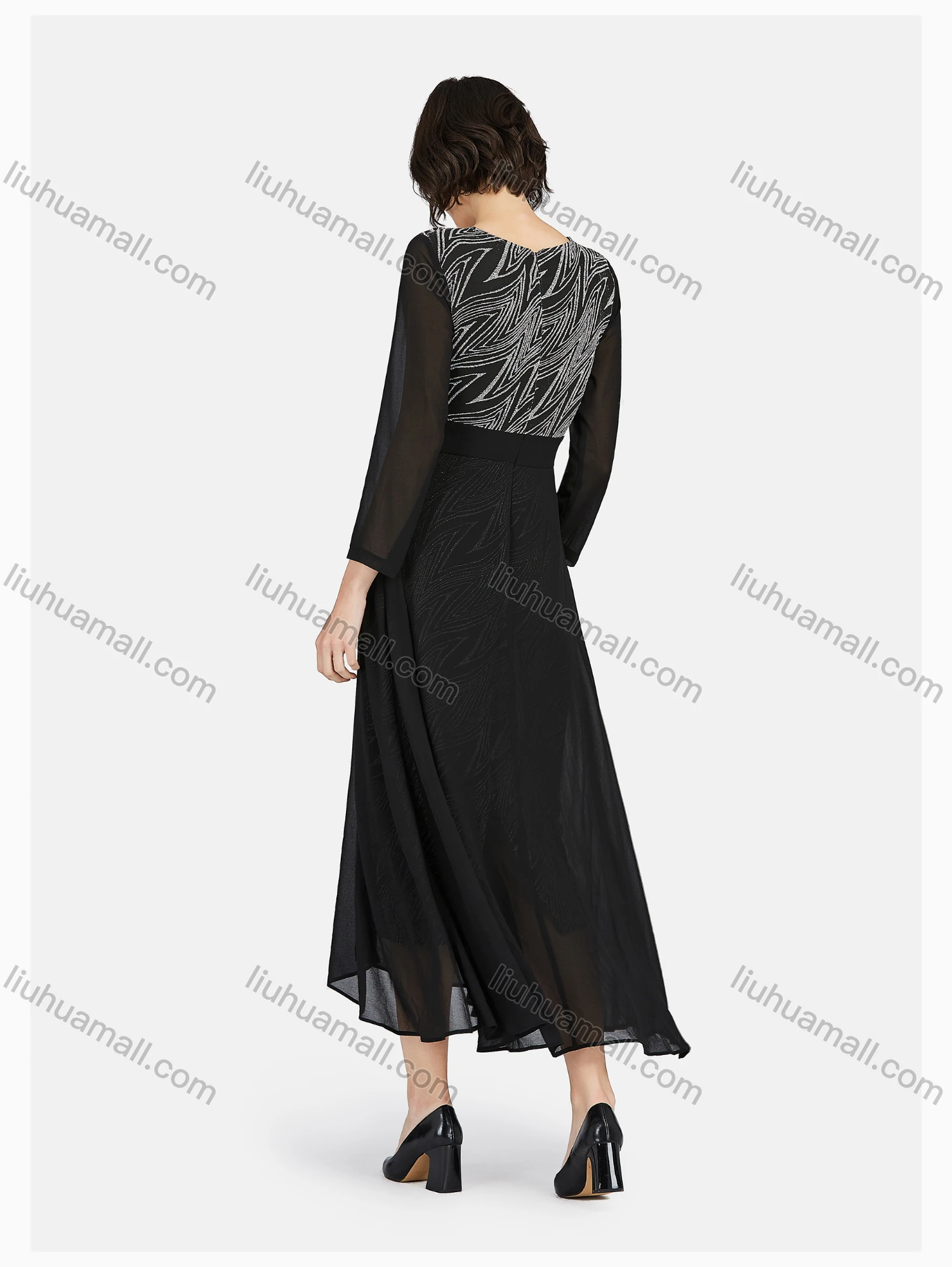 Wholesale Women's Casual Crew Neck Long Sleeve Jacquard Maxi Dress - Liuhuamall