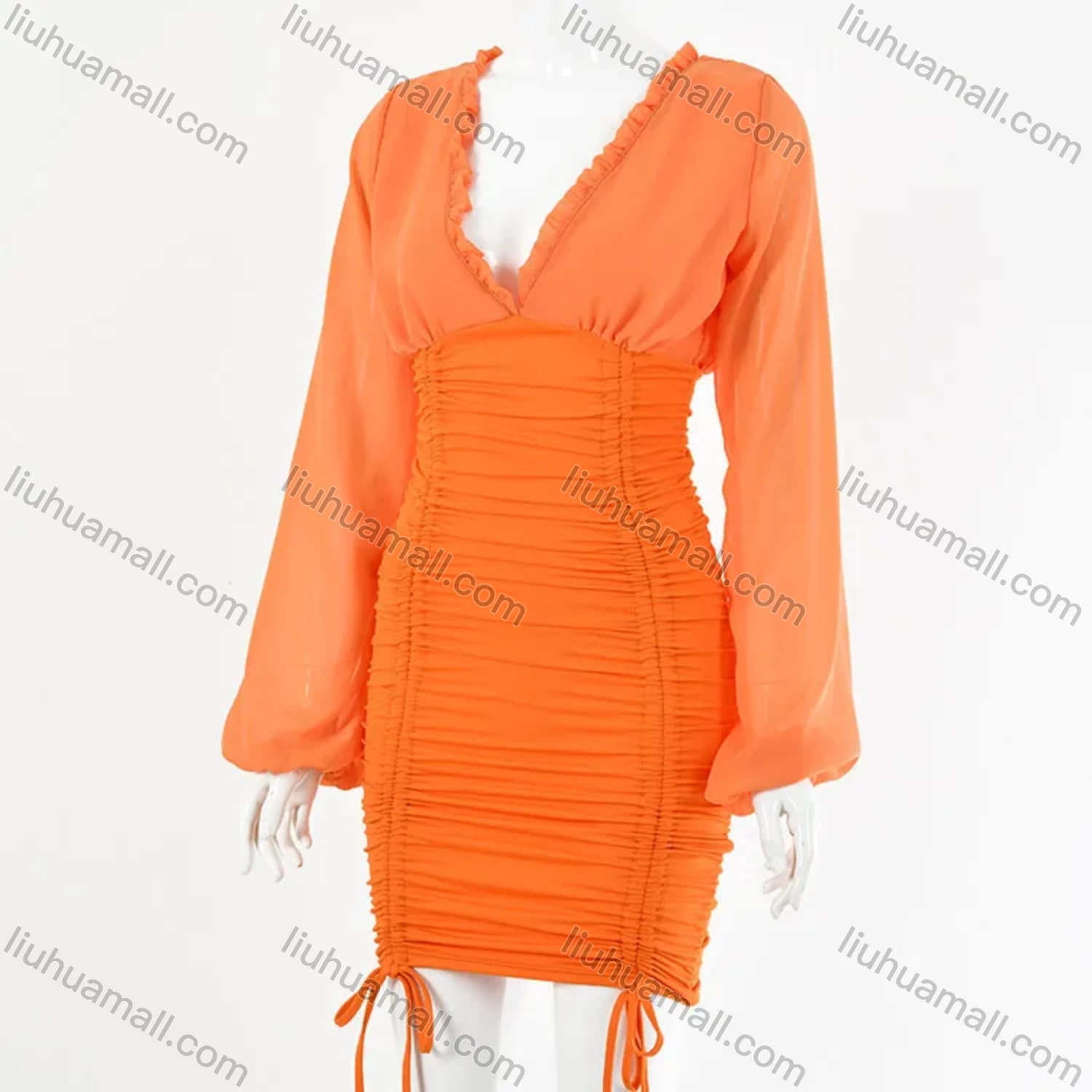 Wholesale Women's Sexy Plain Ruffle Trim V Neck Drawstring Bodycon Short Dress - Liuhuamall