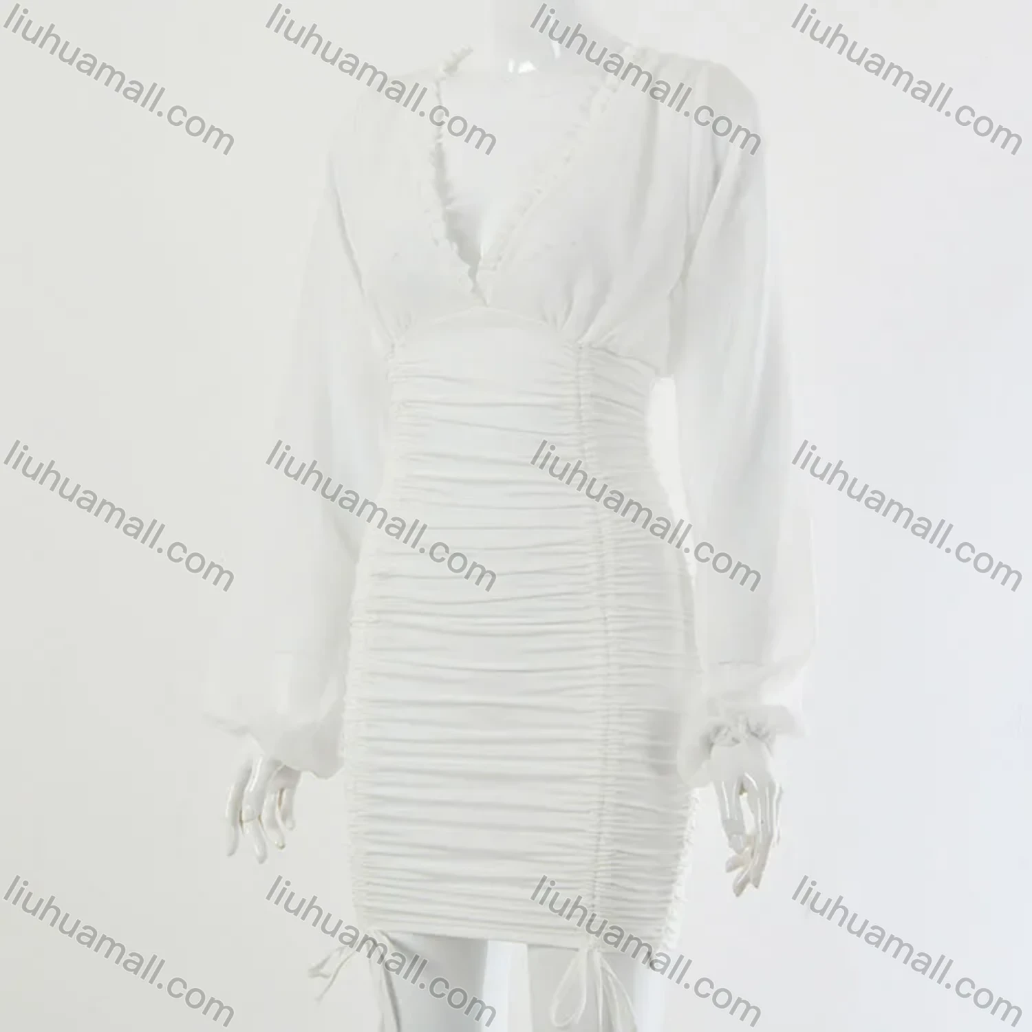 Wholesale Women's Sexy Plain Ruffle Trim V Neck Drawstring Bodycon Short Dress - Liuhuamall