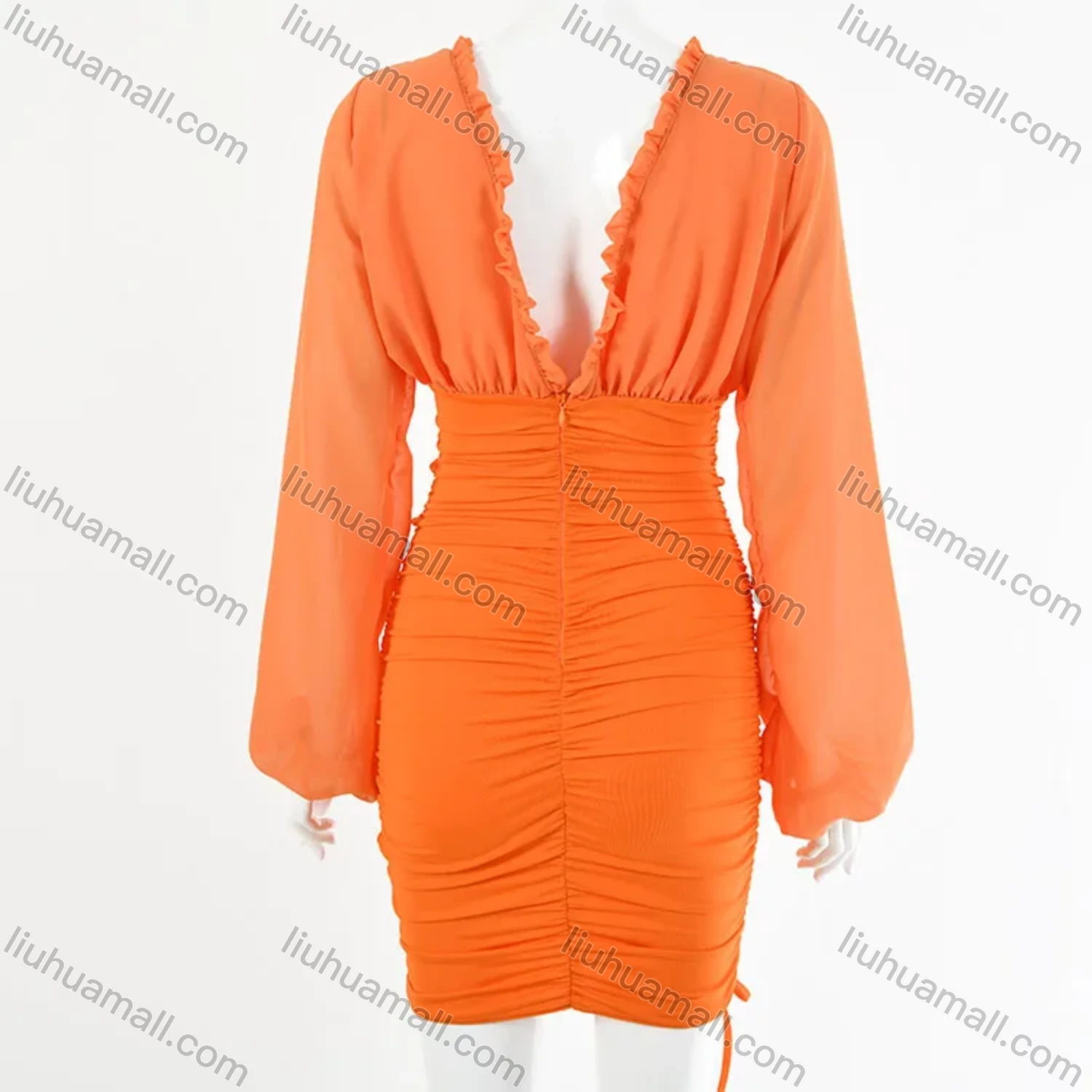 Wholesale Women's Sexy Plain Ruffle Trim V Neck Drawstring Bodycon Short Dress - Liuhuamall