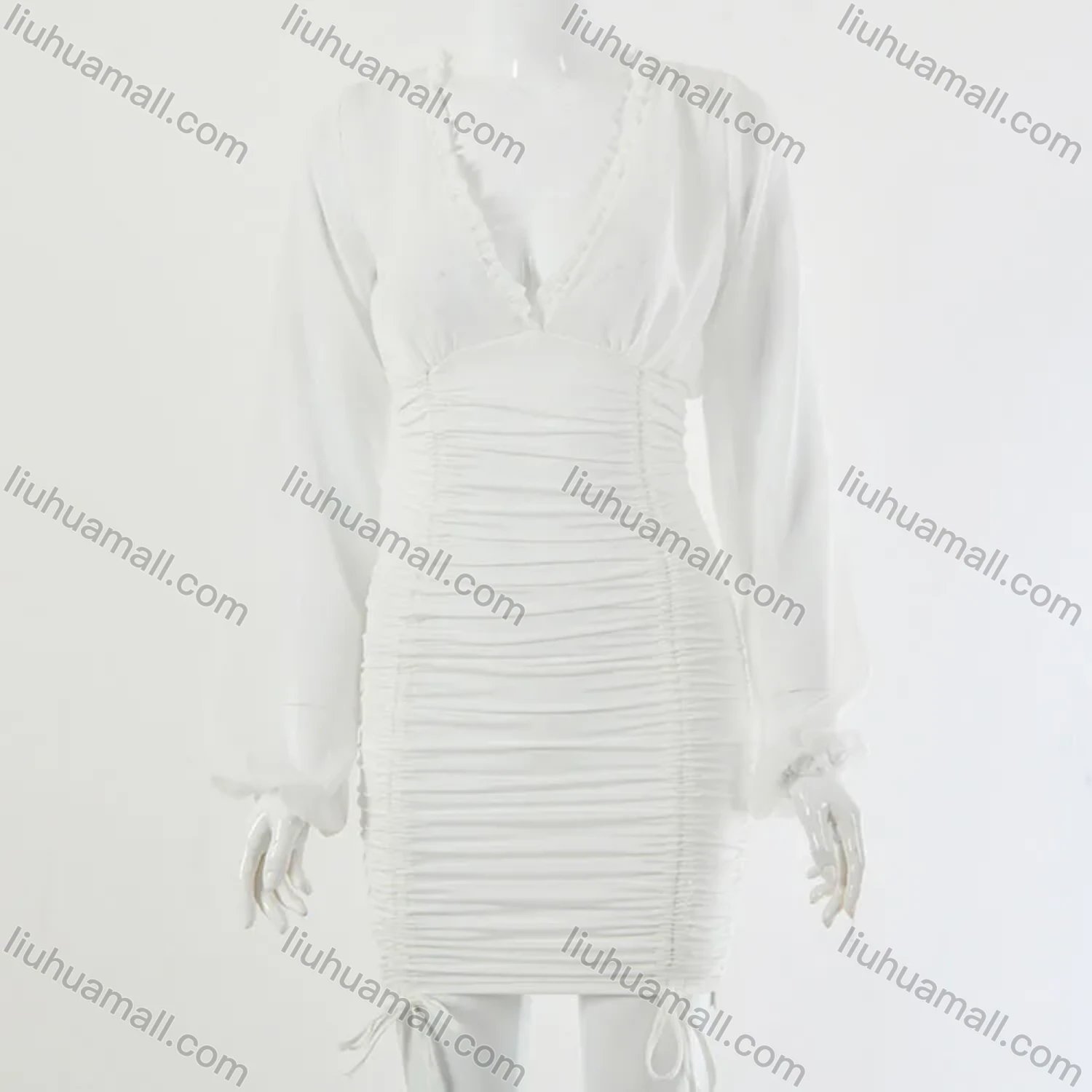 Wholesale Women's Sexy Plain Ruffle Trim V Neck Drawstring Bodycon Short Dress - Liuhuamall