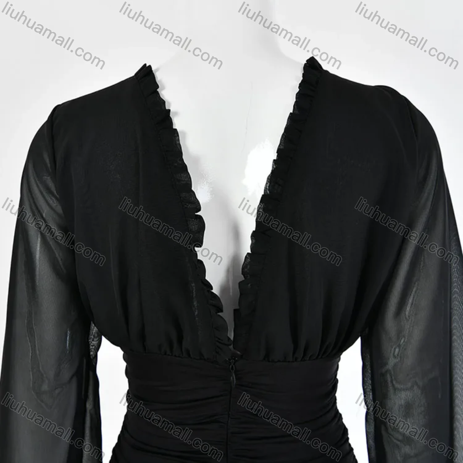 Wholesale Women's Sexy Plain Ruffle Trim V Neck Drawstring Bodycon Short Dress - Liuhuamall