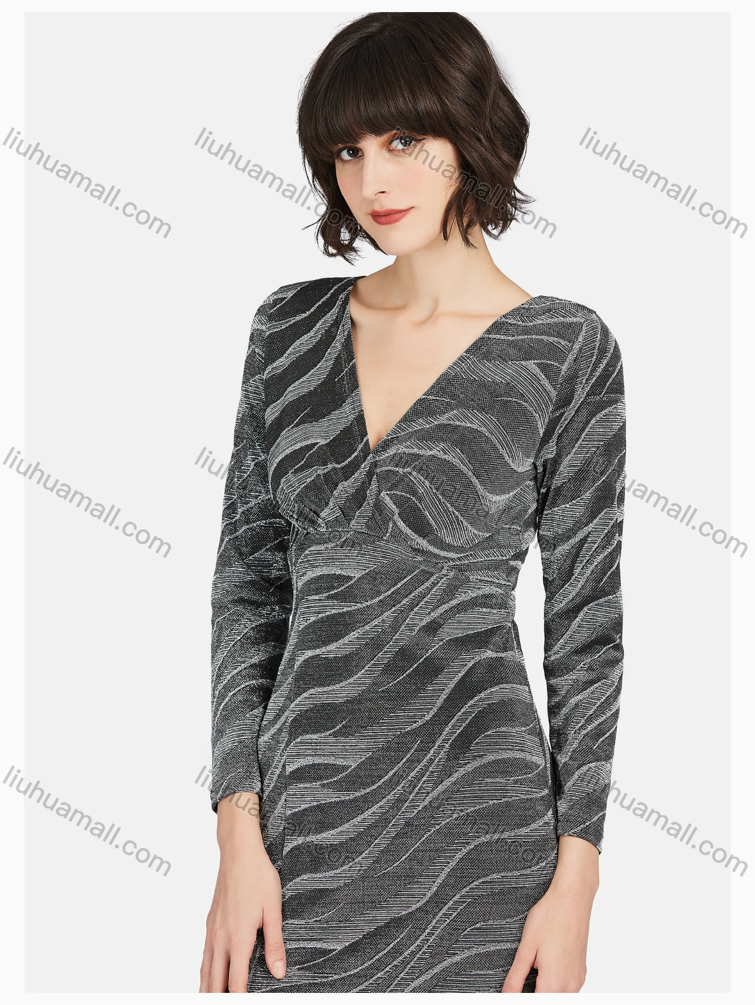 Wholesale Women's Glamorous V Neck Split Thigh Wave Print Maxi Dress - Liuhuamall