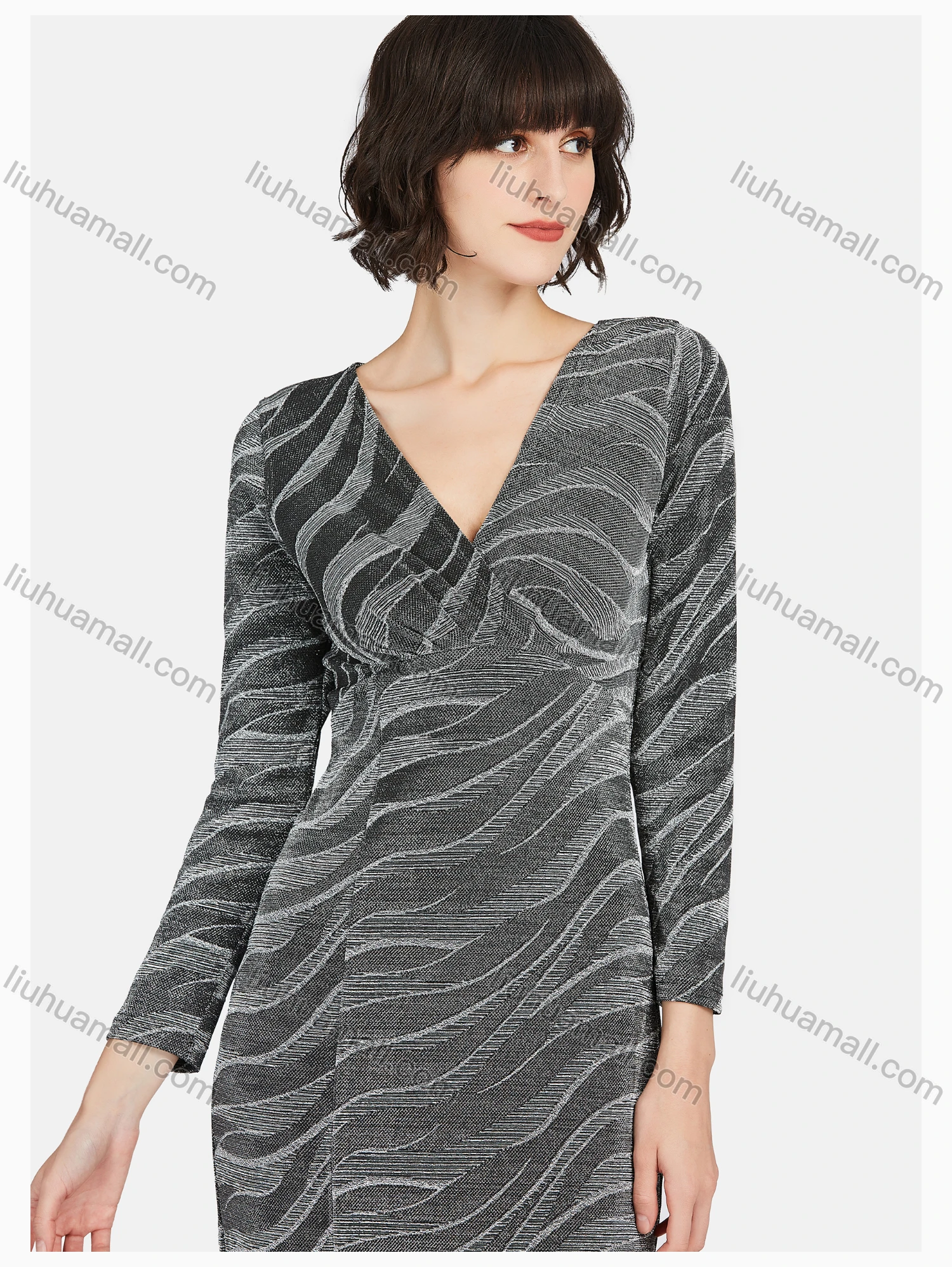 Wholesale Women's Glamorous V Neck Split Thigh Wave Print Maxi Dress - Liuhuamall